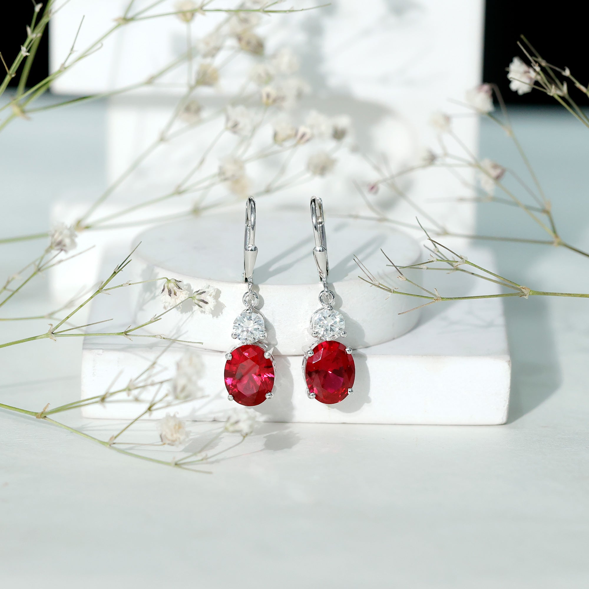 Oval Shape Lab Created Ruby Dangle Drop Earrings with Moissanite AAAA - Rosec Jewels