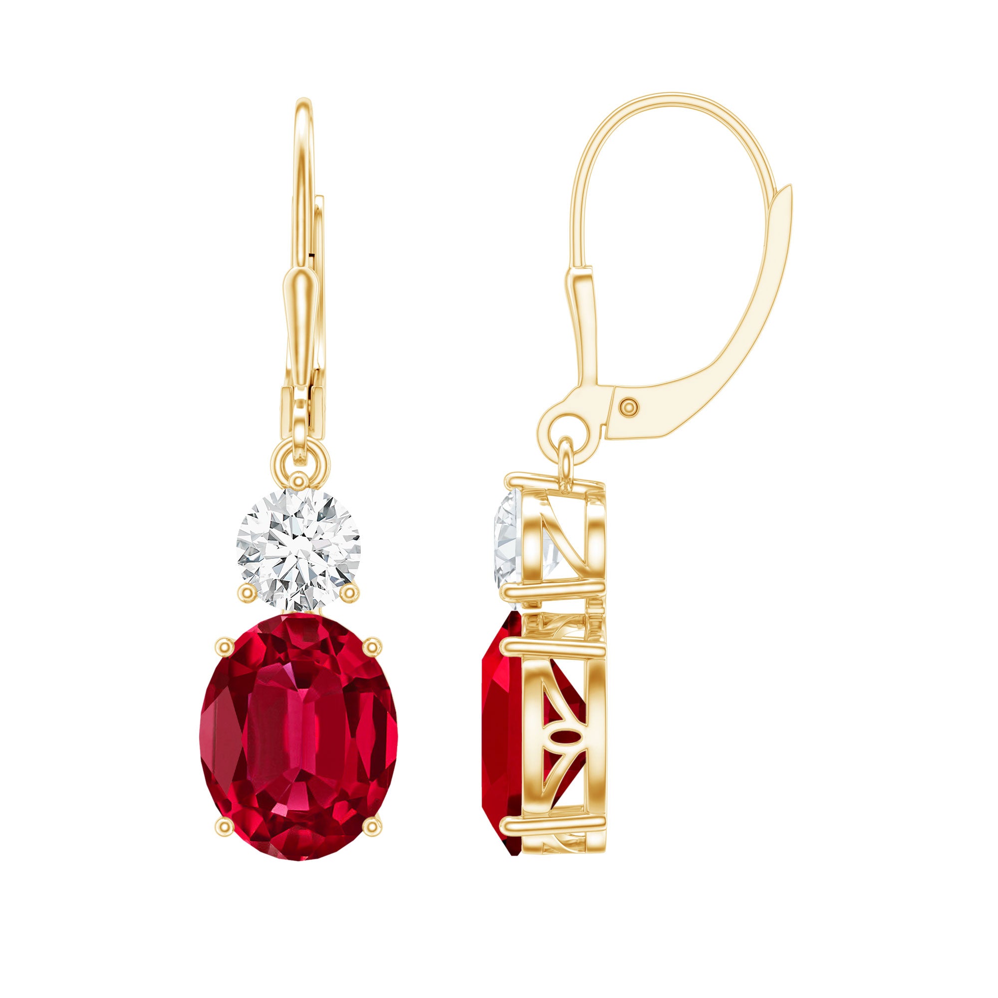 Oval Shape Lab Created Ruby Dangle Drop Earrings with Moissanite AAAA - Rosec Jewels