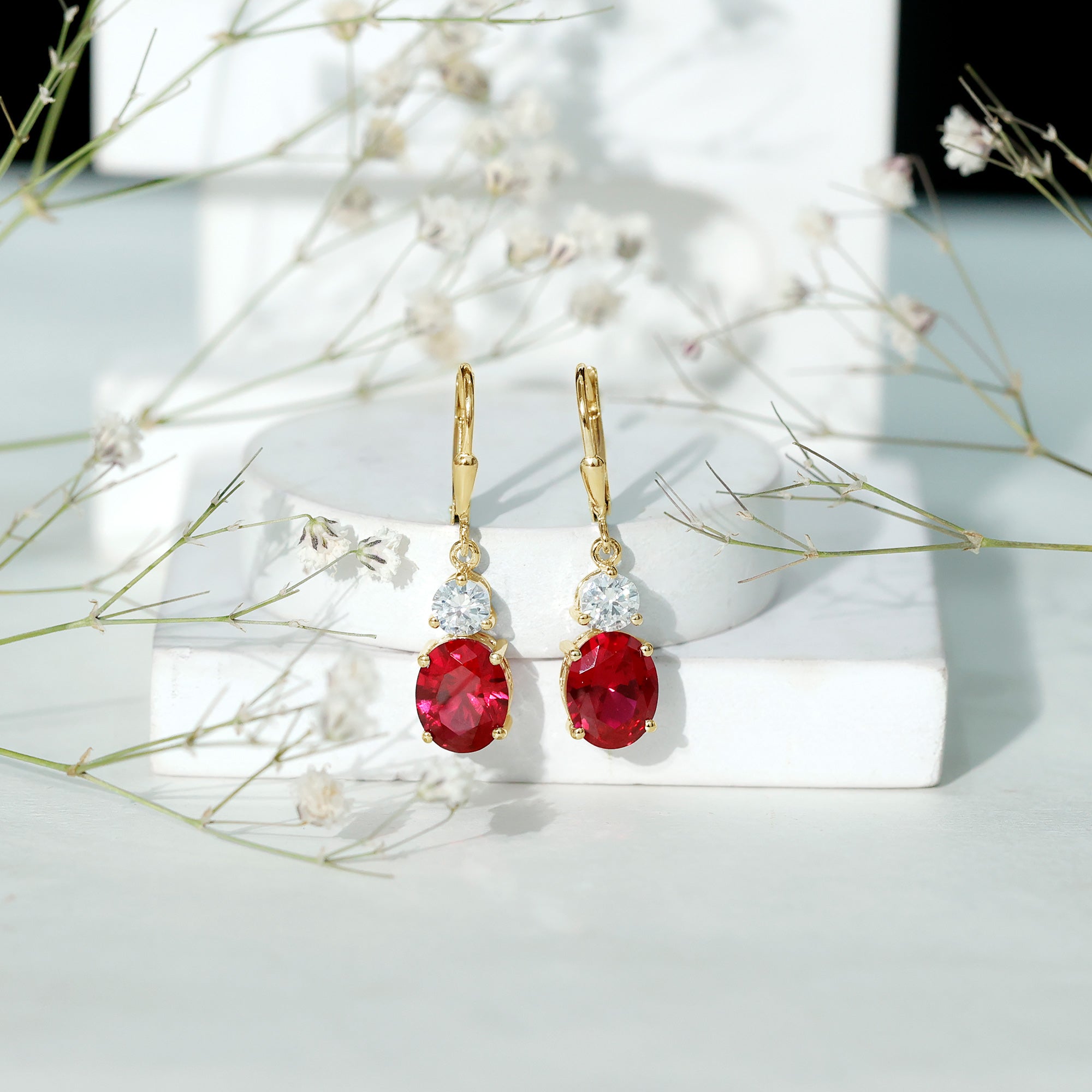 Oval Shape Lab Created Ruby Dangle Drop Earrings with Moissanite AAAA - Rosec Jewels