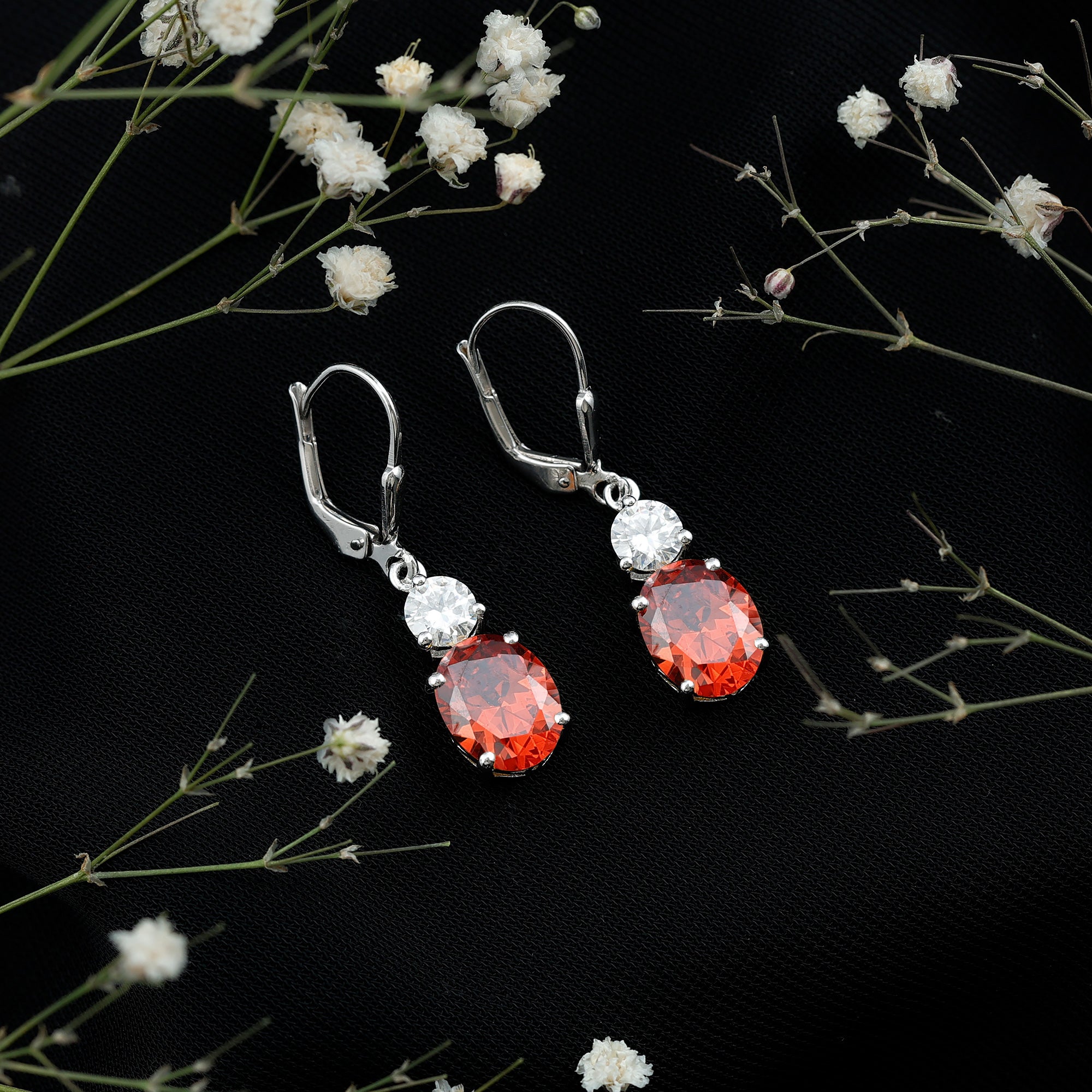 Certified Lab Grown Orange Sapphire And Moissanite Drop Dangle Earrings AAAA - Rosec Jewels