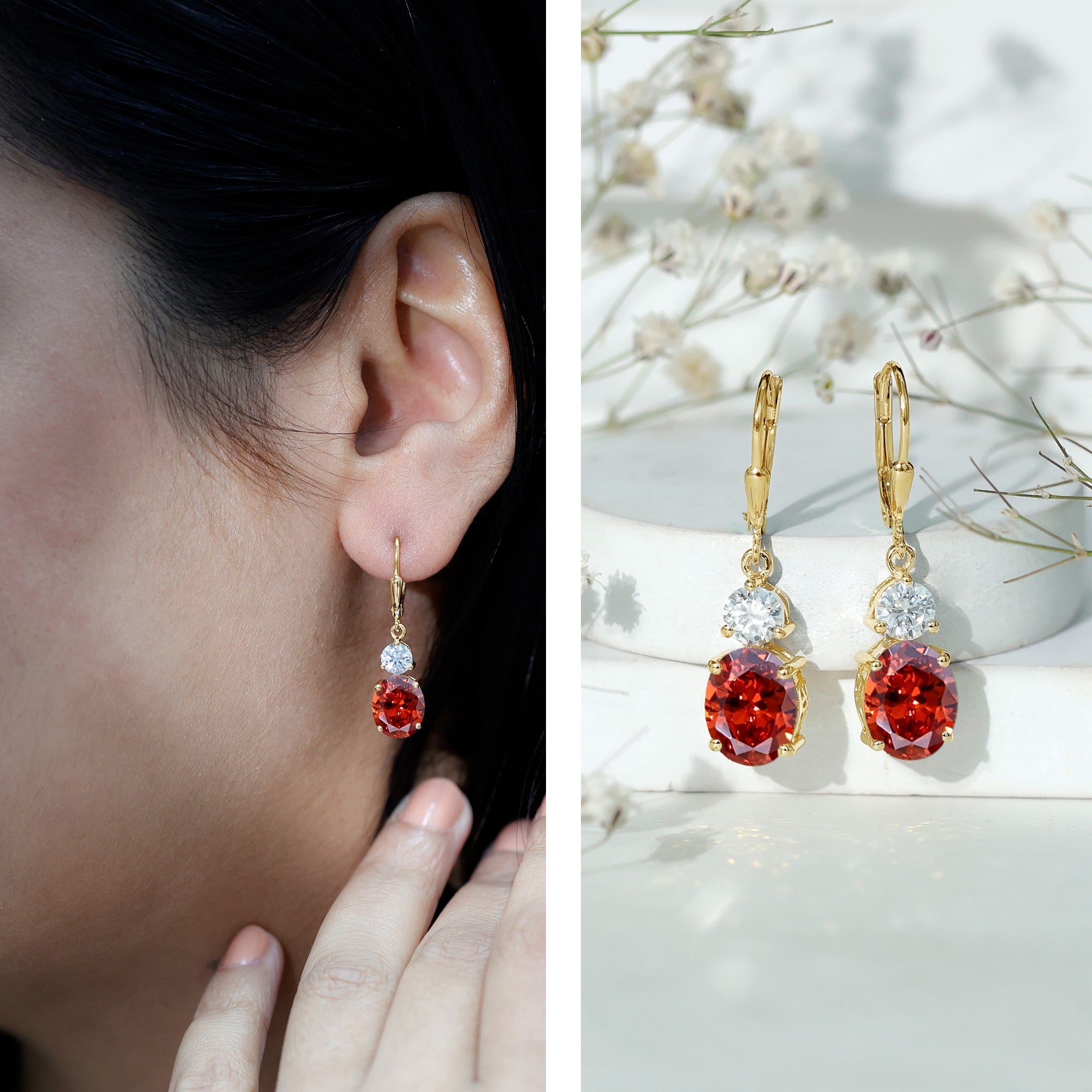 Certified Lab Grown Orange Sapphire And Moissanite Drop Dangle Earrings AAAA - Rosec Jewels