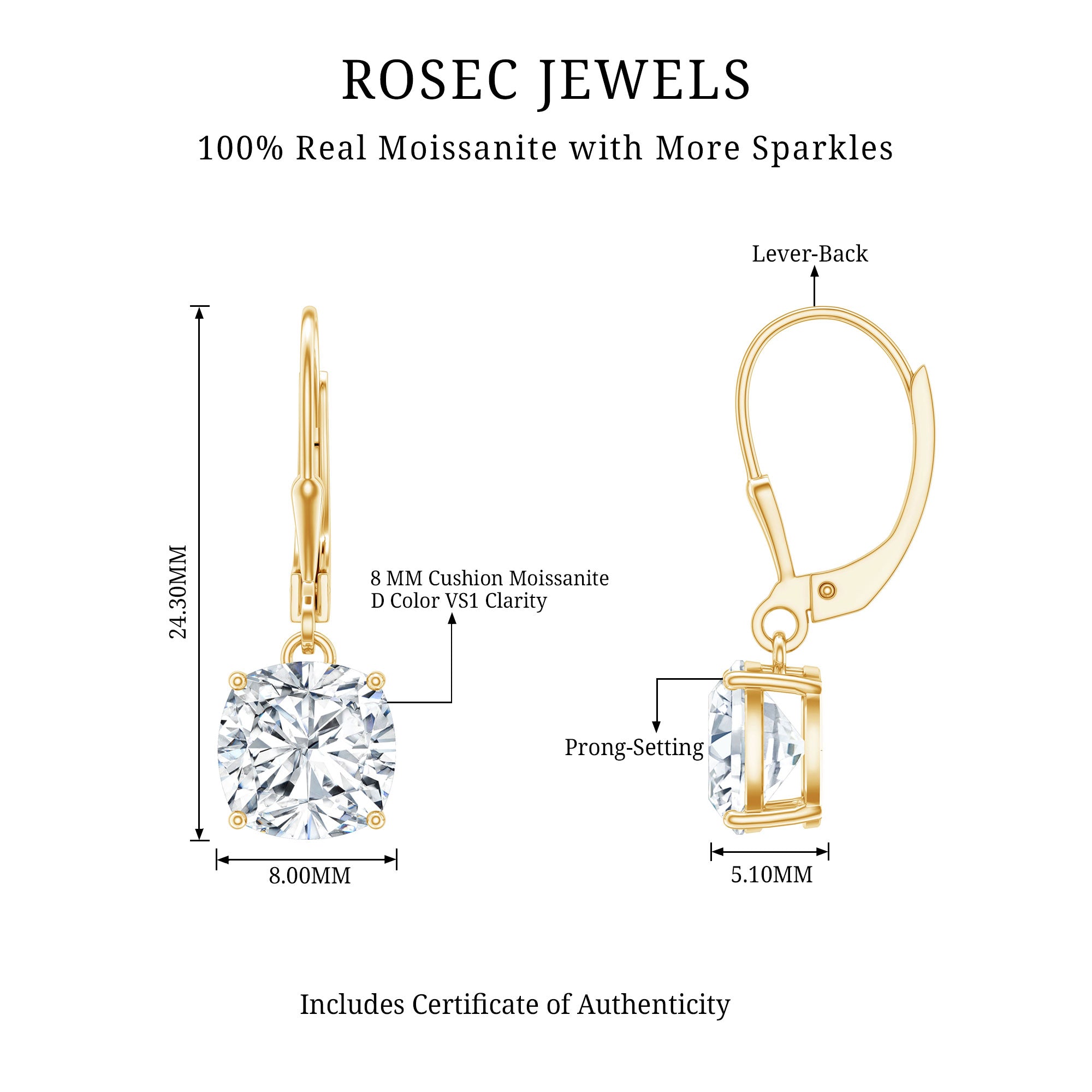 Certified 6 Carat Cushion Cut Moissanite Drop Earrings D-VS1 - Rosec Jewels