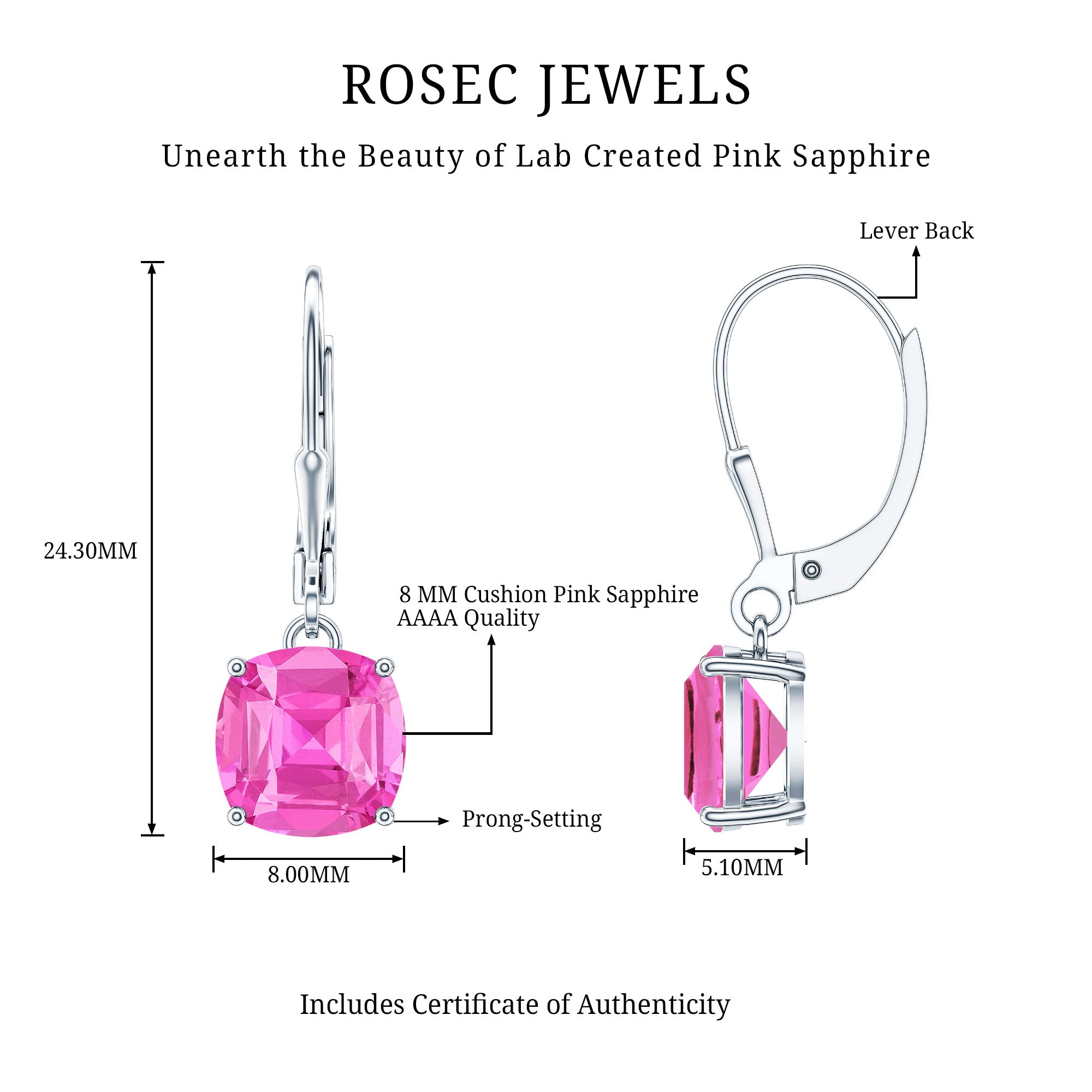 Cushion Cut Lab Created Pink Sapphire Solitaire Drop Earrings with Leverback AAAA - Rosec Jewels