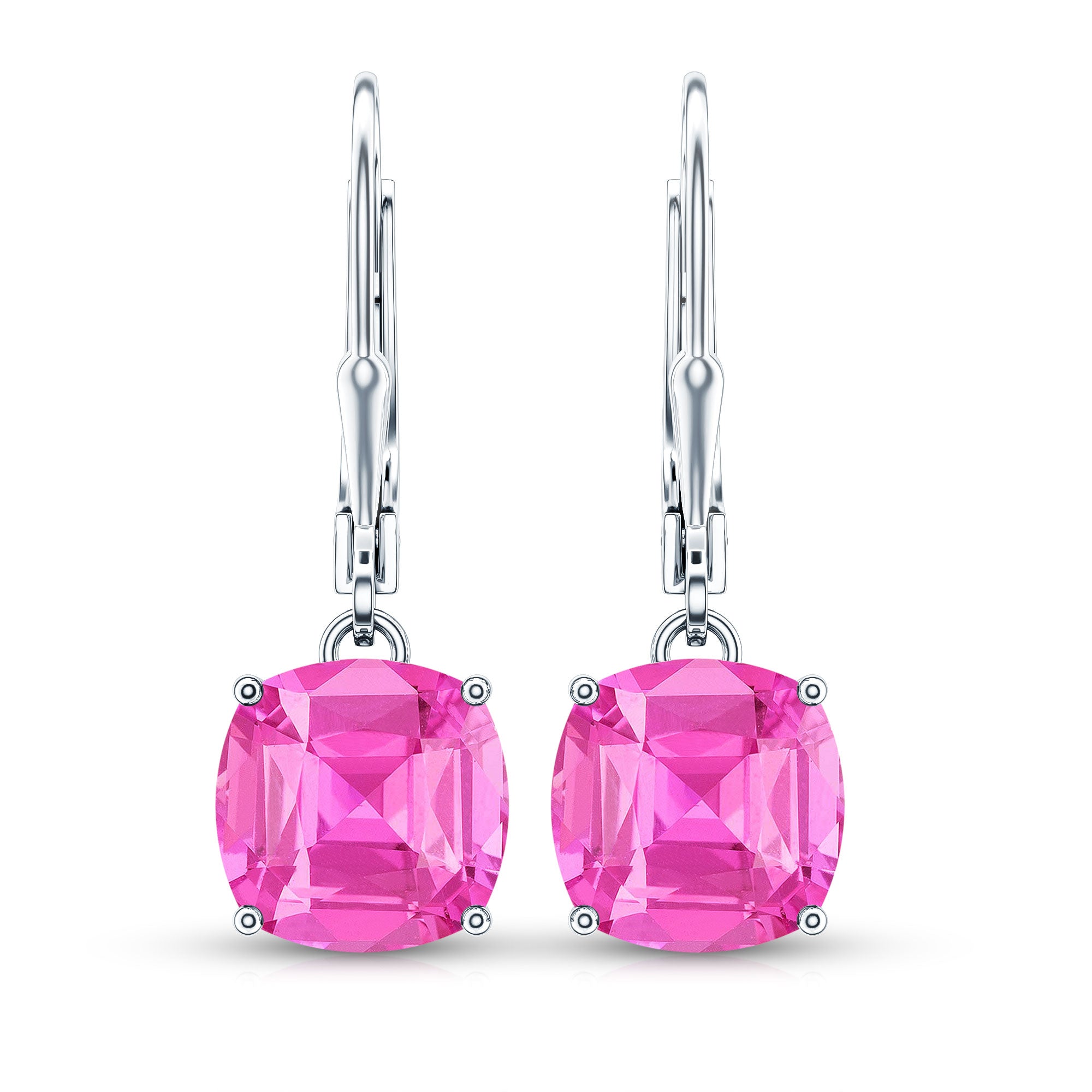 Cushion Cut Lab Created Pink Sapphire Solitaire Drop Earrings with Leverback AAAA - Rosec Jewels