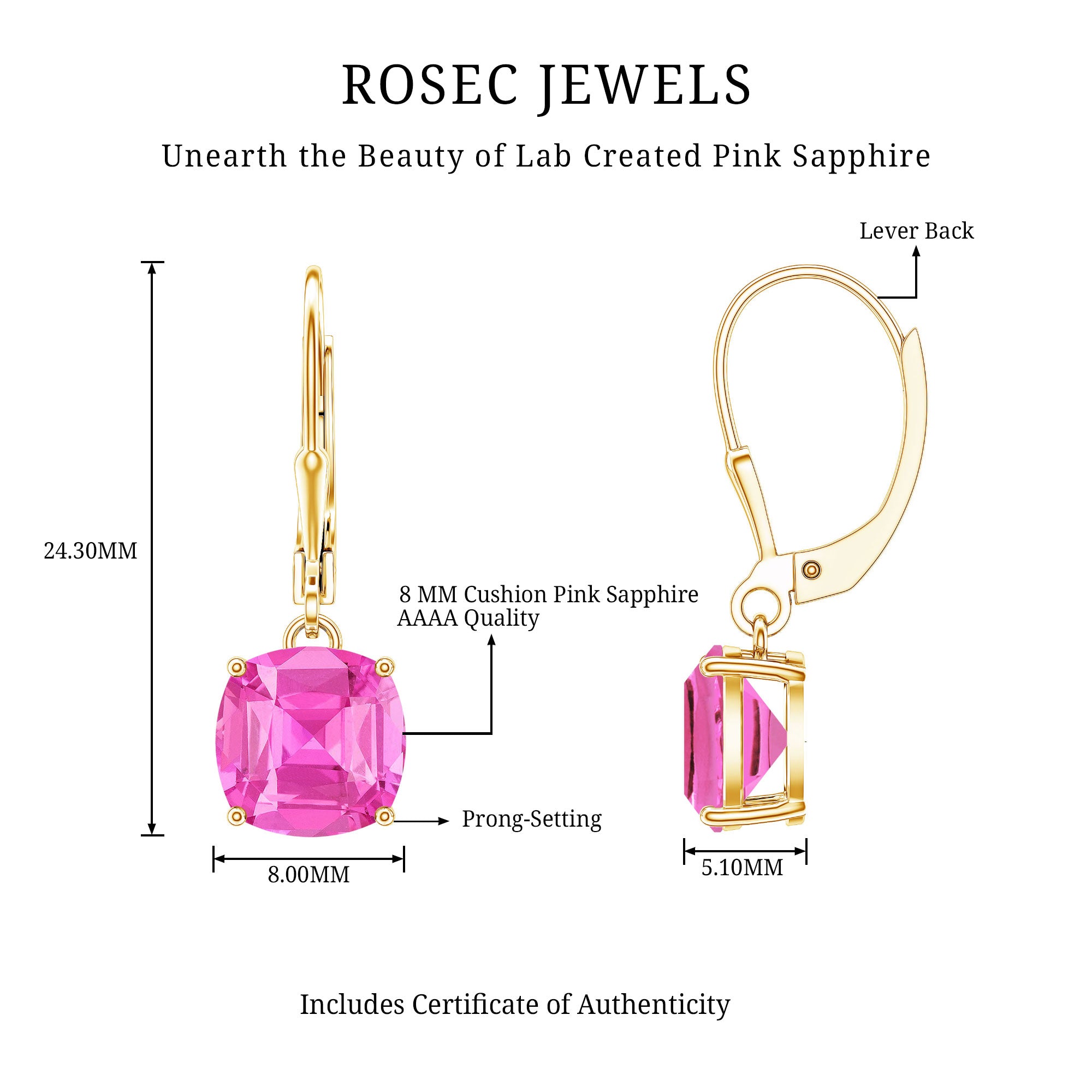 Cushion Cut Lab Created Pink Sapphire Solitaire Drop Earrings with Leverback AAAA - Rosec Jewels