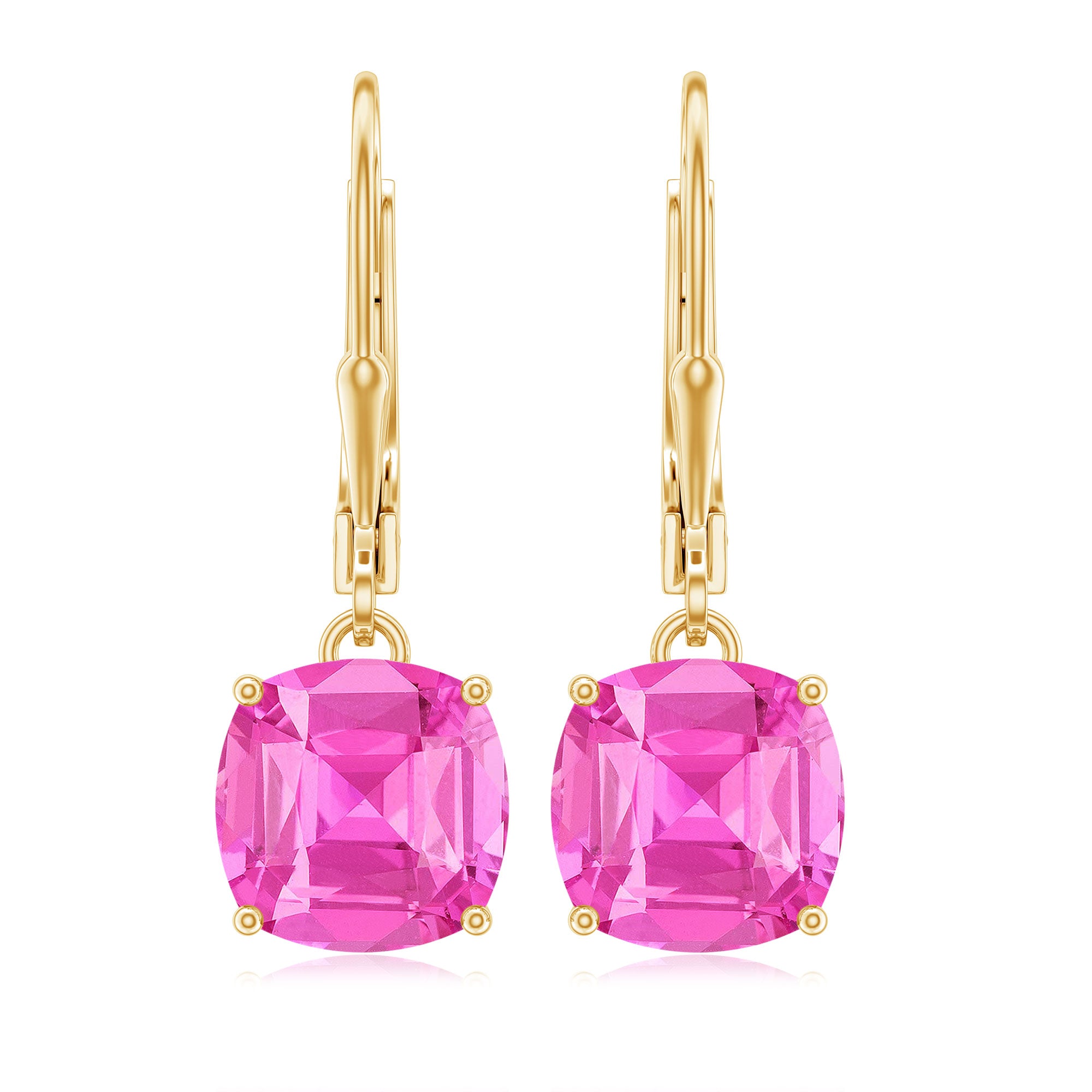 Cushion Cut Lab Created Pink Sapphire Solitaire Drop Earrings with Leverback AAAA - Rosec Jewels