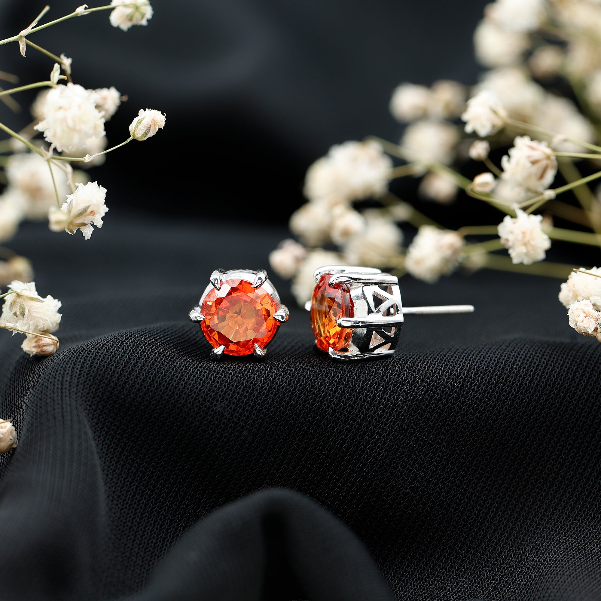 6 Claw Set Round Created Orange Sapphire Solitaire Stud Earrings AAAA - Rosec Jewels