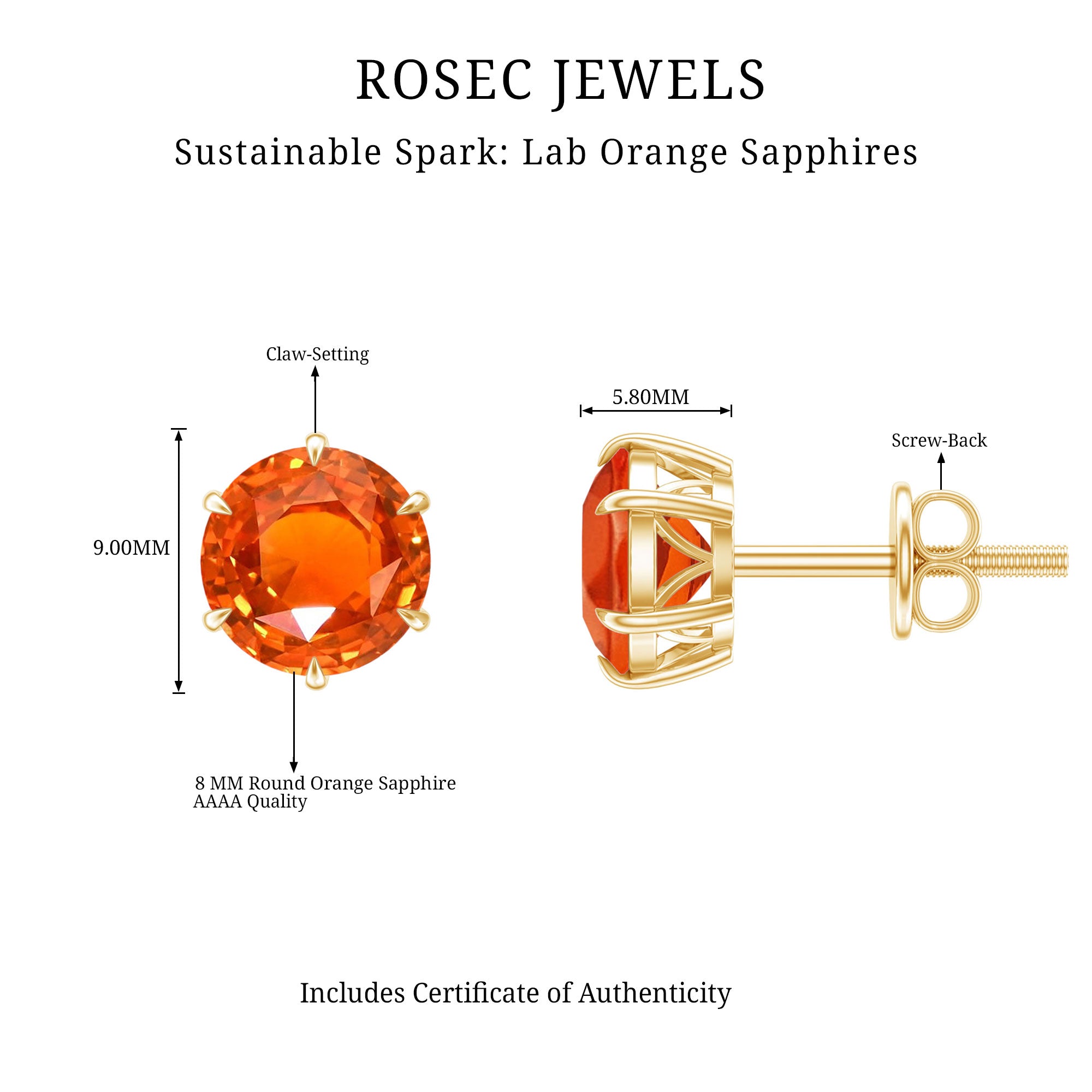 6 Claw Set Round Created Orange Sapphire Solitaire Stud Earrings AAAA - Rosec Jewels