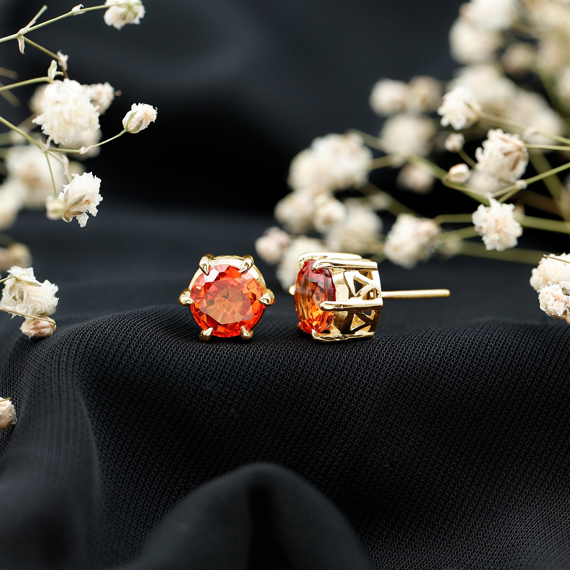 6 Claw Set Round Created Orange Sapphire Solitaire Stud Earrings AAAA - Rosec Jewels