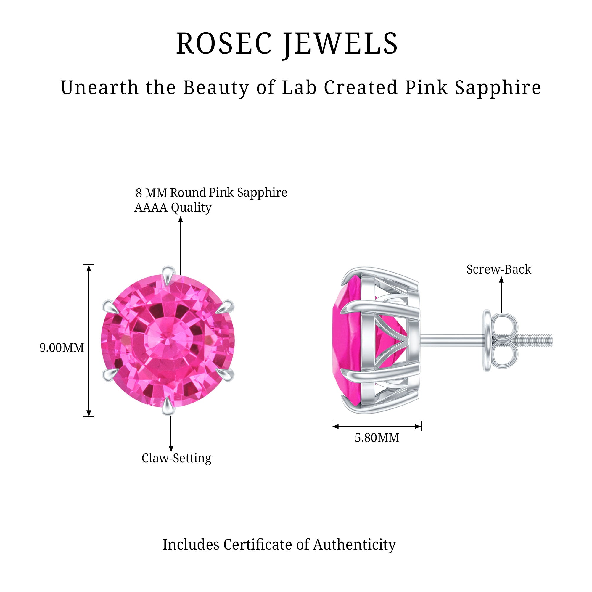 Certified 8 MM Round Lab Created Pink Sapphire Stud Earrings AAAA - Rosec Jewels