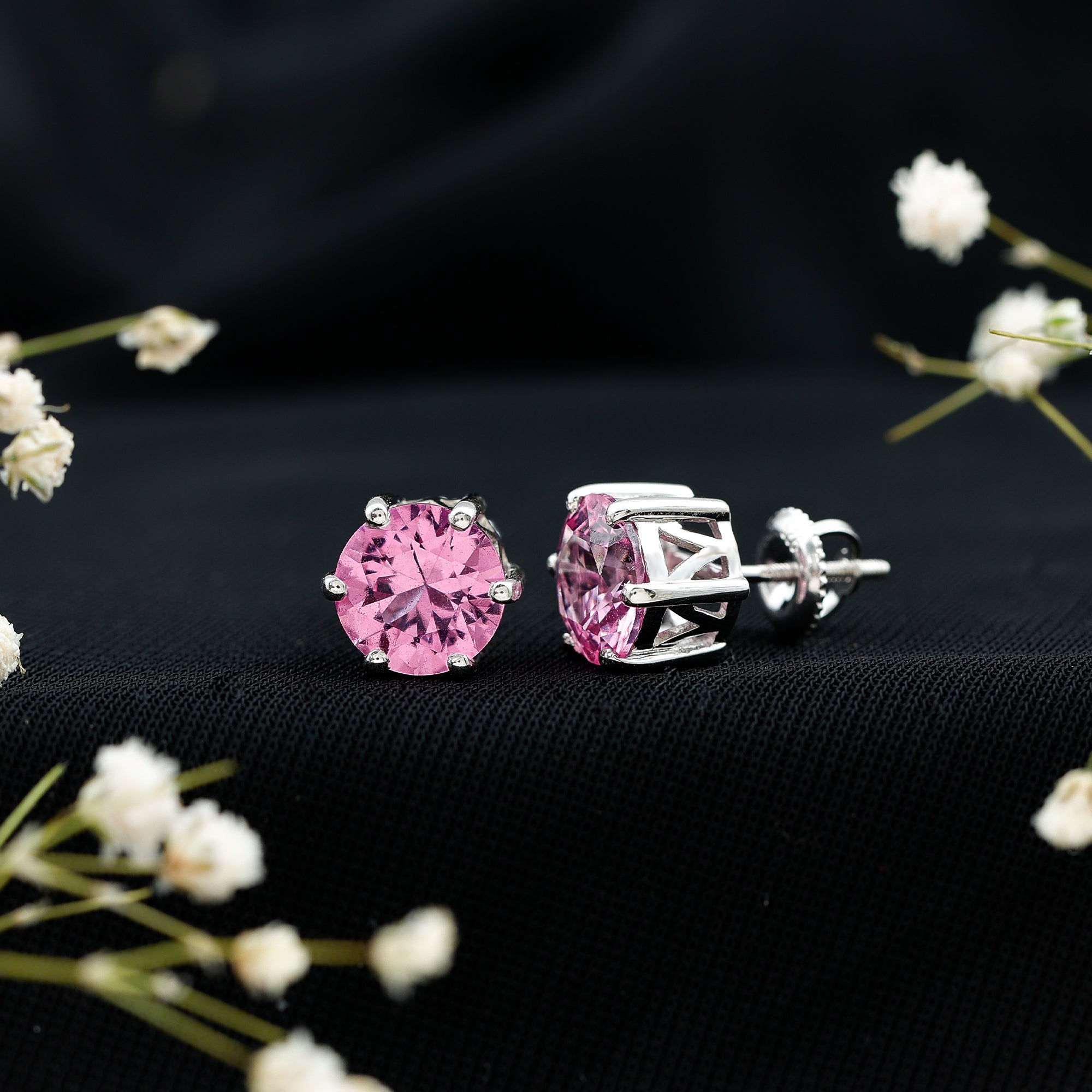 Certified 8 MM Round Lab Created Pink Sapphire Stud Earrings AAAA - Rosec Jewels