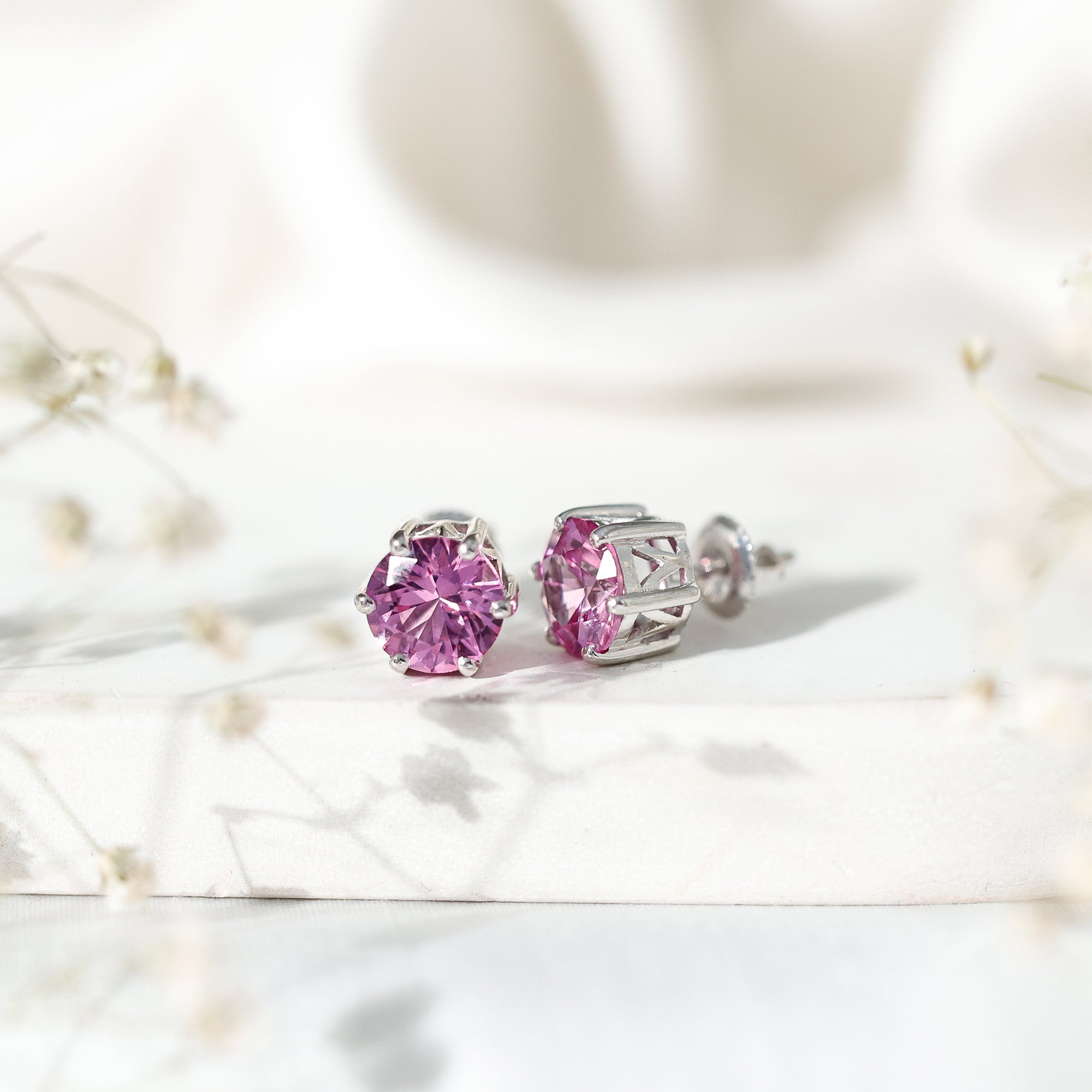 Certified 8 MM Round Lab Created Pink Sapphire Stud Earrings AAAA - Rosec Jewels
