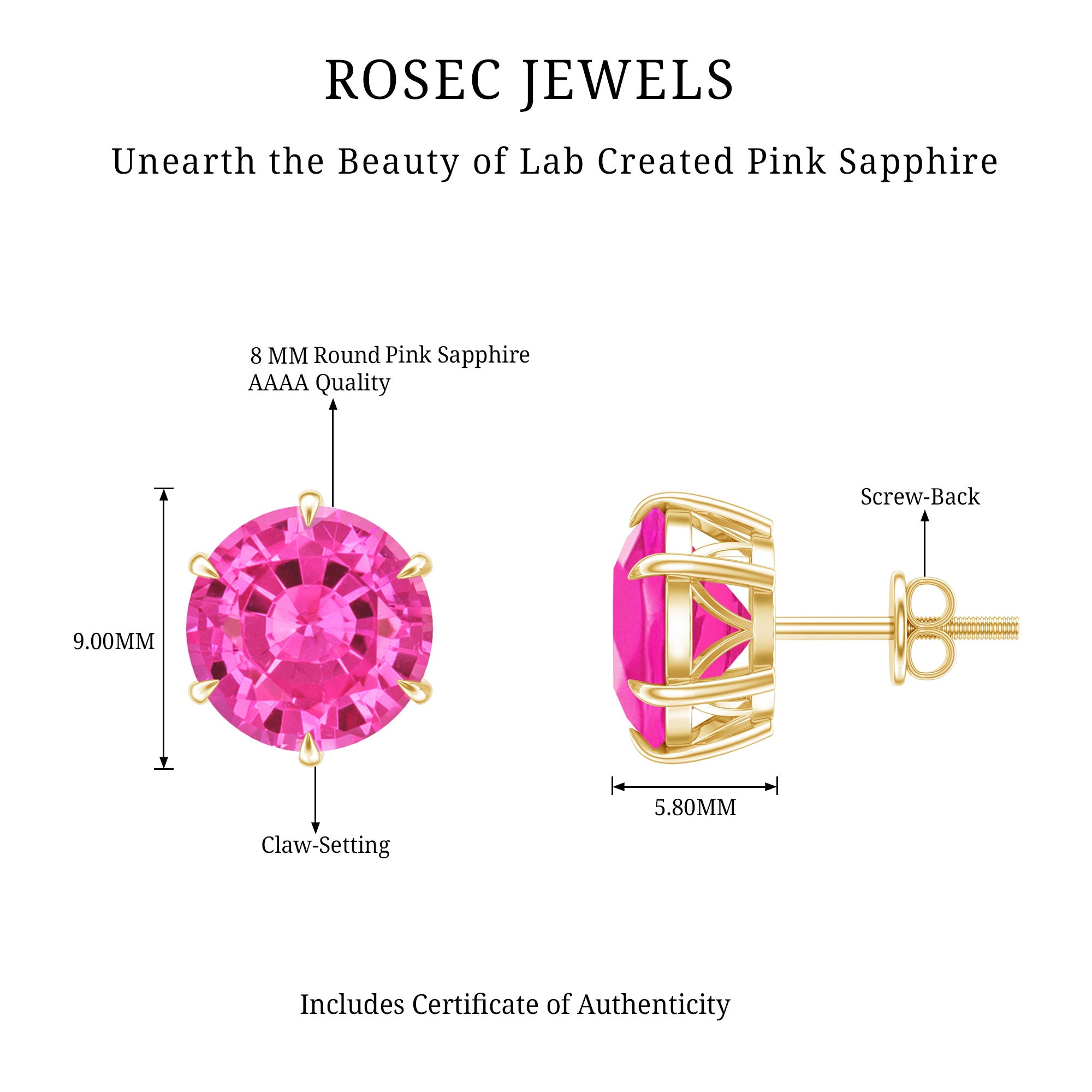 Certified 8 MM Round Lab Created Pink Sapphire Stud Earrings AAAA - Rosec Jewels
