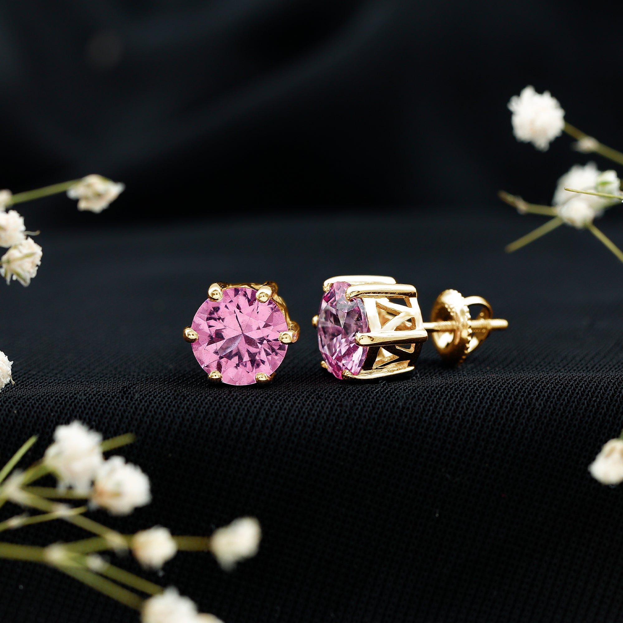 Certified 8 MM Round Lab Created Pink Sapphire Stud Earrings AAAA - Rosec Jewels