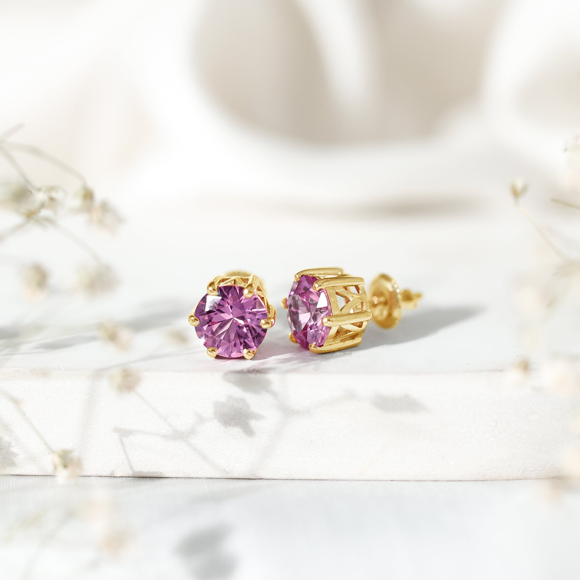 Certified 8 MM Round Lab Created Pink Sapphire Stud Earrings AAAA - Rosec Jewels
