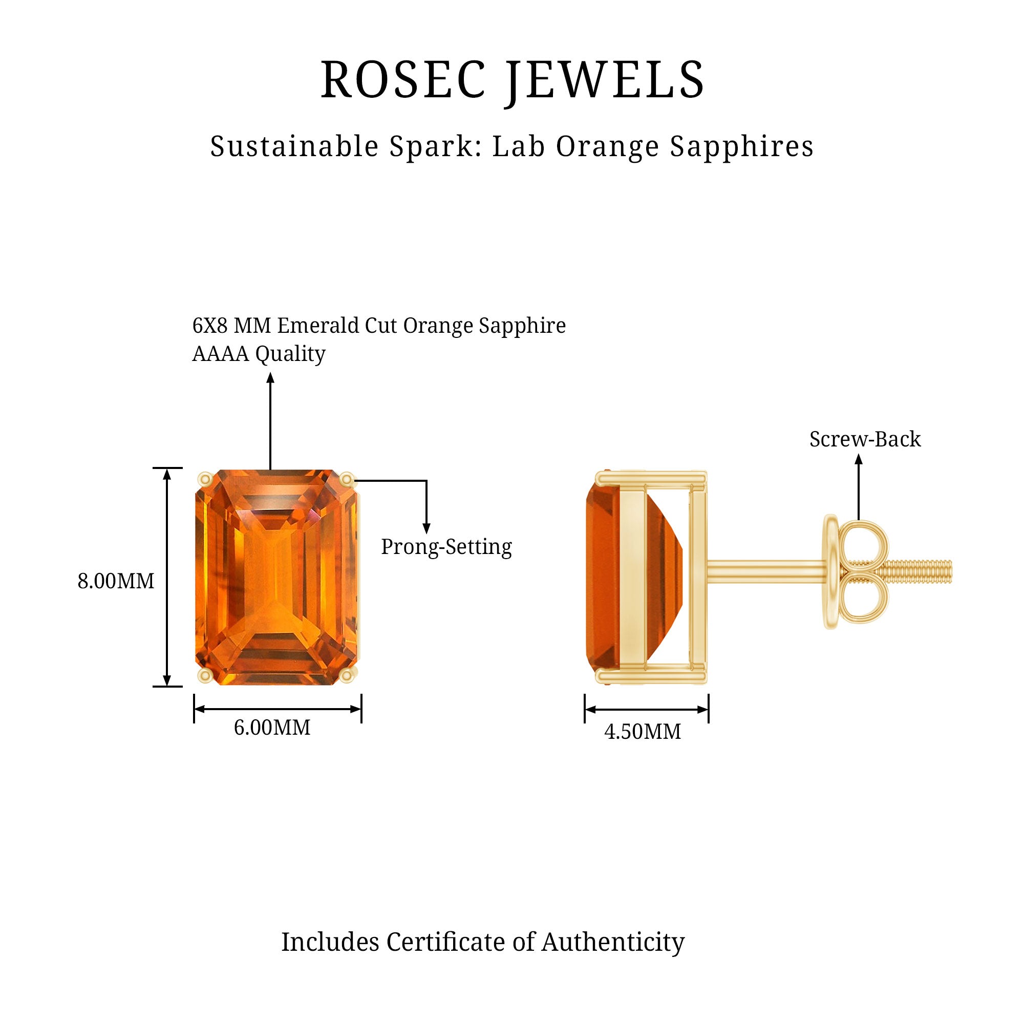 Lab Grown Orange Sapphire Emerald Cut Stud Earrings AAAA - Rosec Jewels
