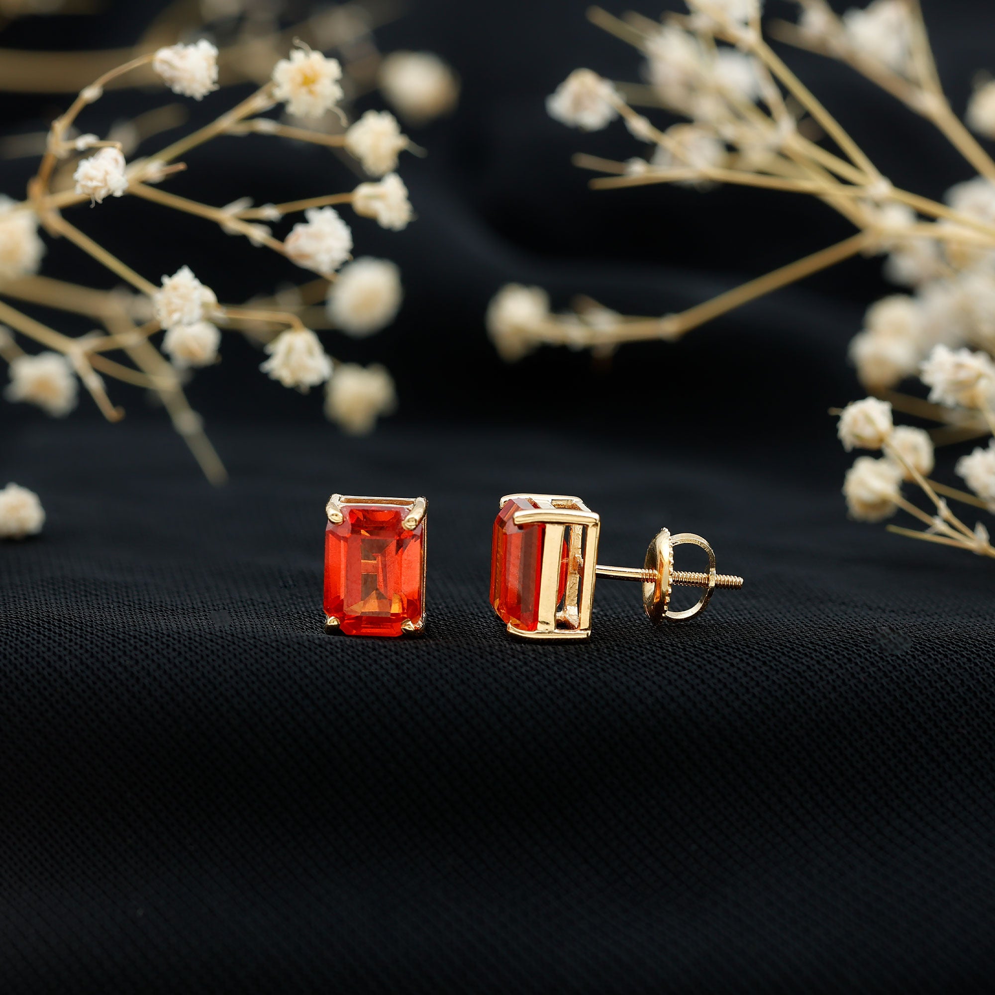 Lab Grown Orange Sapphire Emerald Cut Stud Earrings AAAA - Rosec Jewels