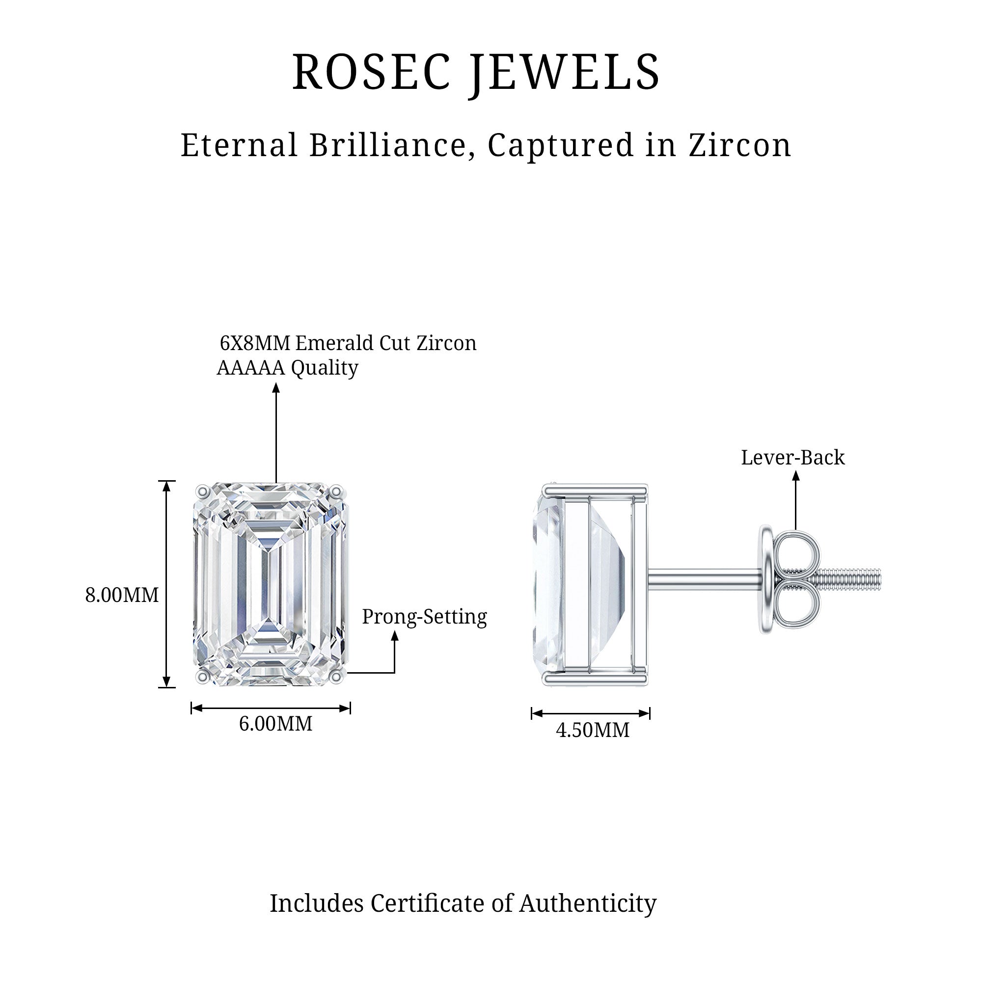 Certified 3.7 Carat Cubic Zirconia Emerald Cut Stud Earrings with Screw Back AAAAA - Rosec Jewels