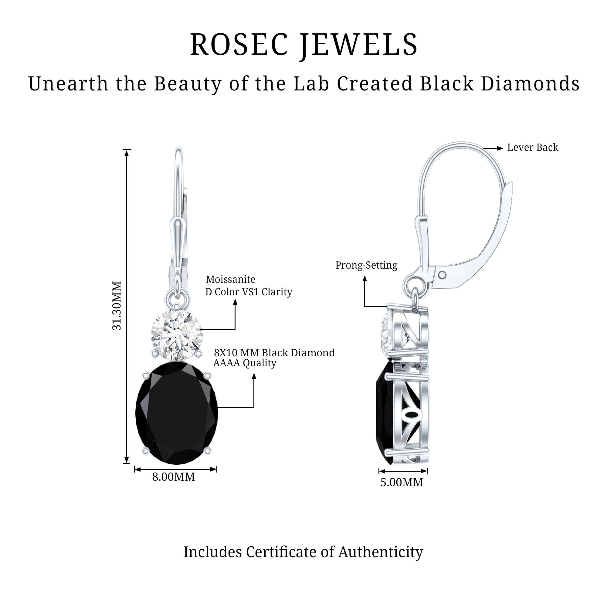 Oval Shaped Lab Created Black Diamond Drop Earrings with Moissanite AAAA ( Synthetic ) - Rosec Jewels