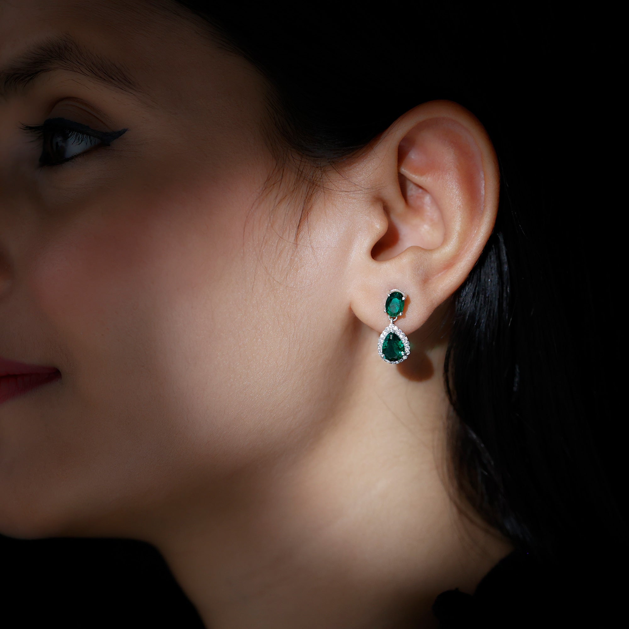 Lab Created Emerald Classic Dangle Earrings with Moissanite AAAA - Rosec Jewels
