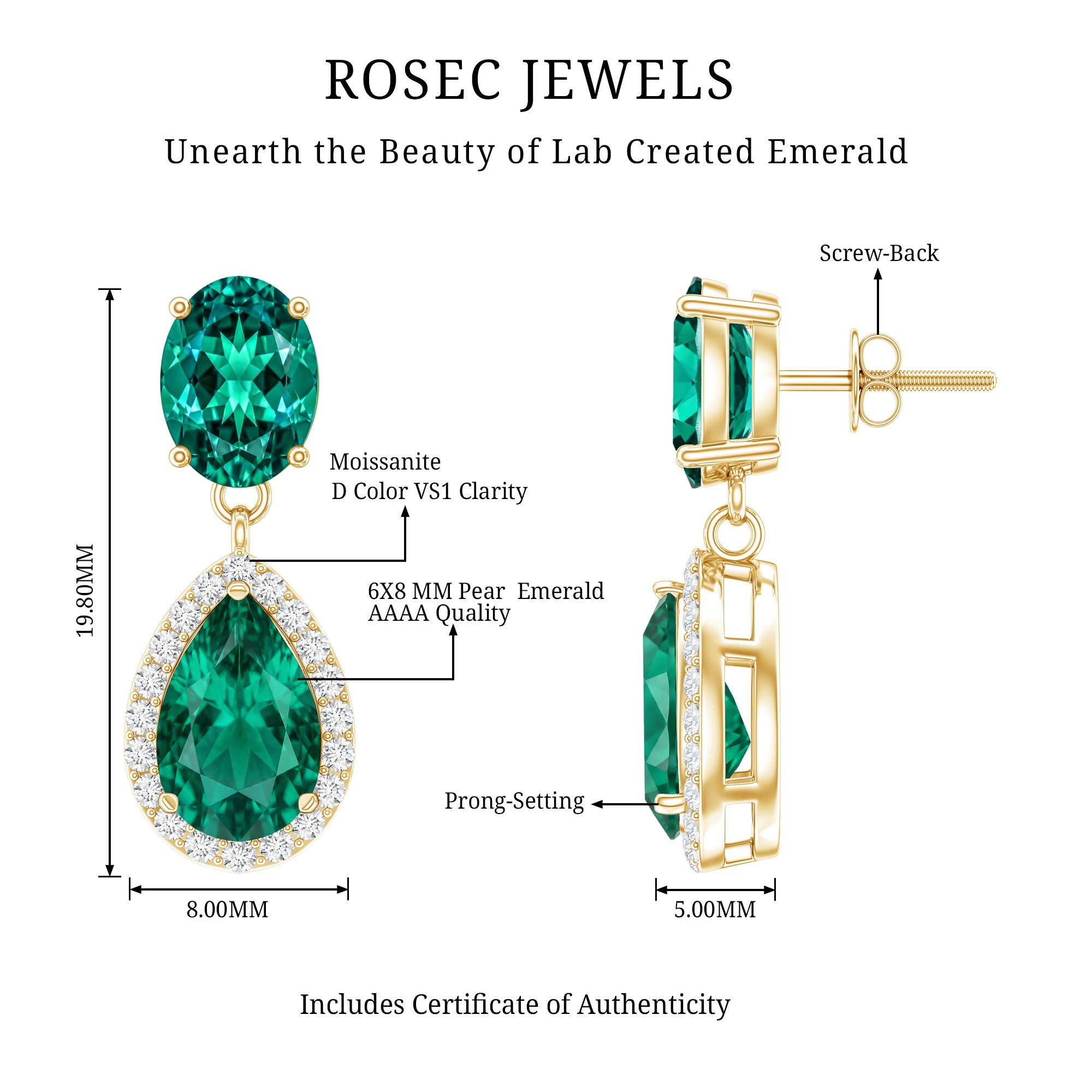 Lab Created Emerald Classic Dangle Earrings with Moissanite AAAA - Rosec Jewels