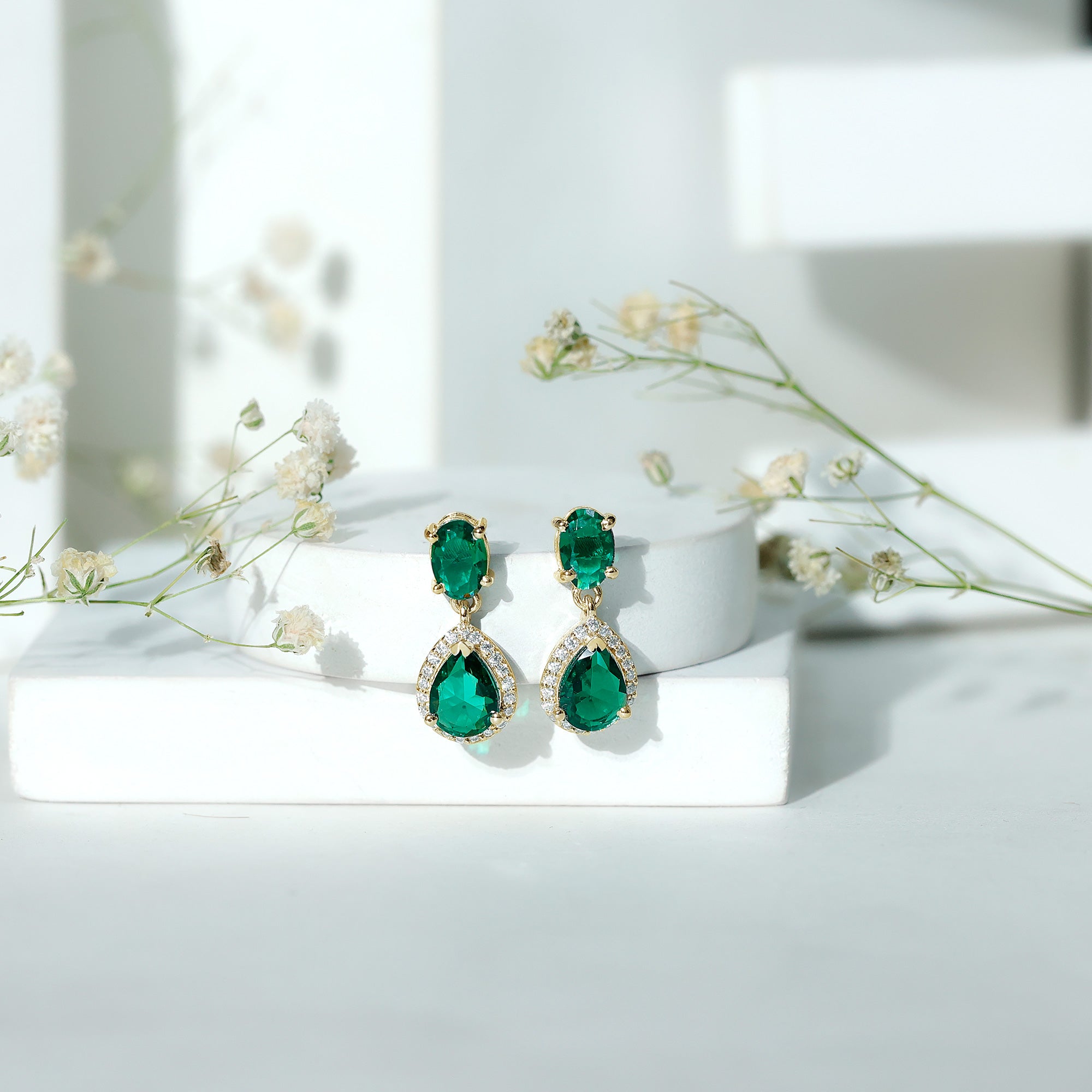 Lab Created Emerald Classic Dangle Earrings with Moissanite AAAA - Rosec Jewels