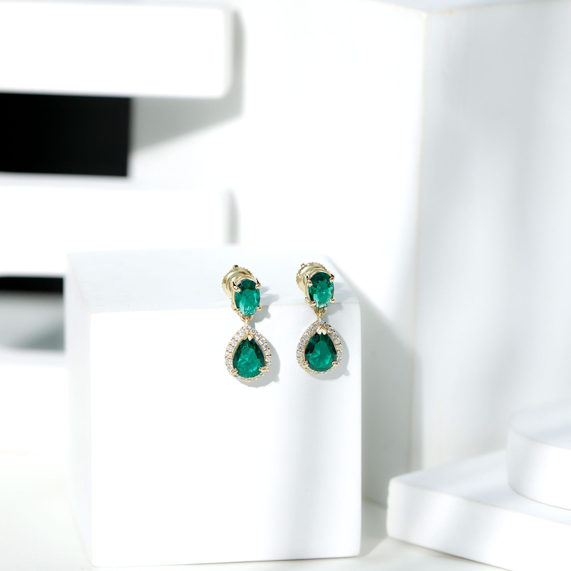 Lab Created Emerald Classic Dangle Earrings with Moissanite AAAA - Rosec Jewels