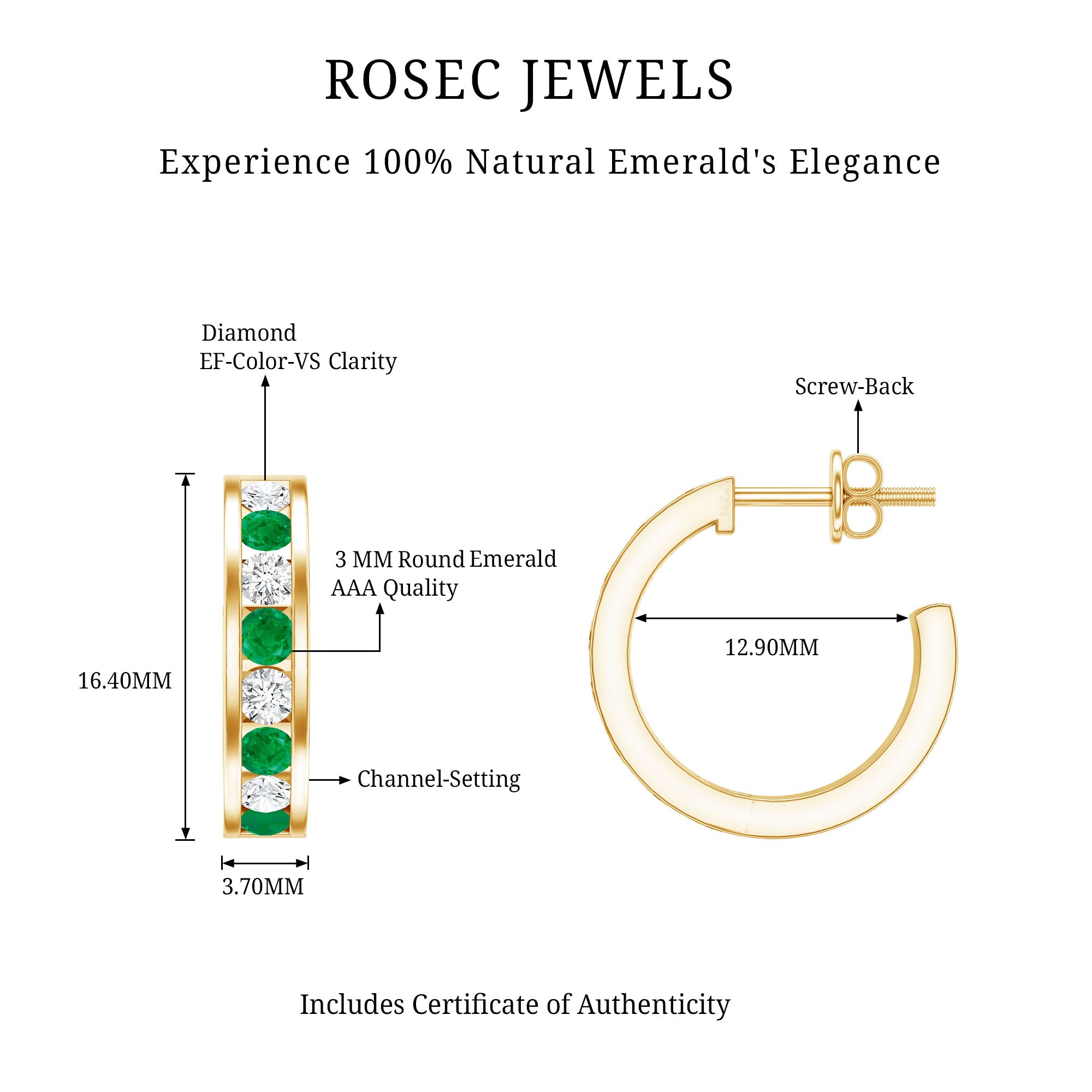 Certified Emerald and Lab Diamond Hoop Earrings AAA - Rosec Jewels