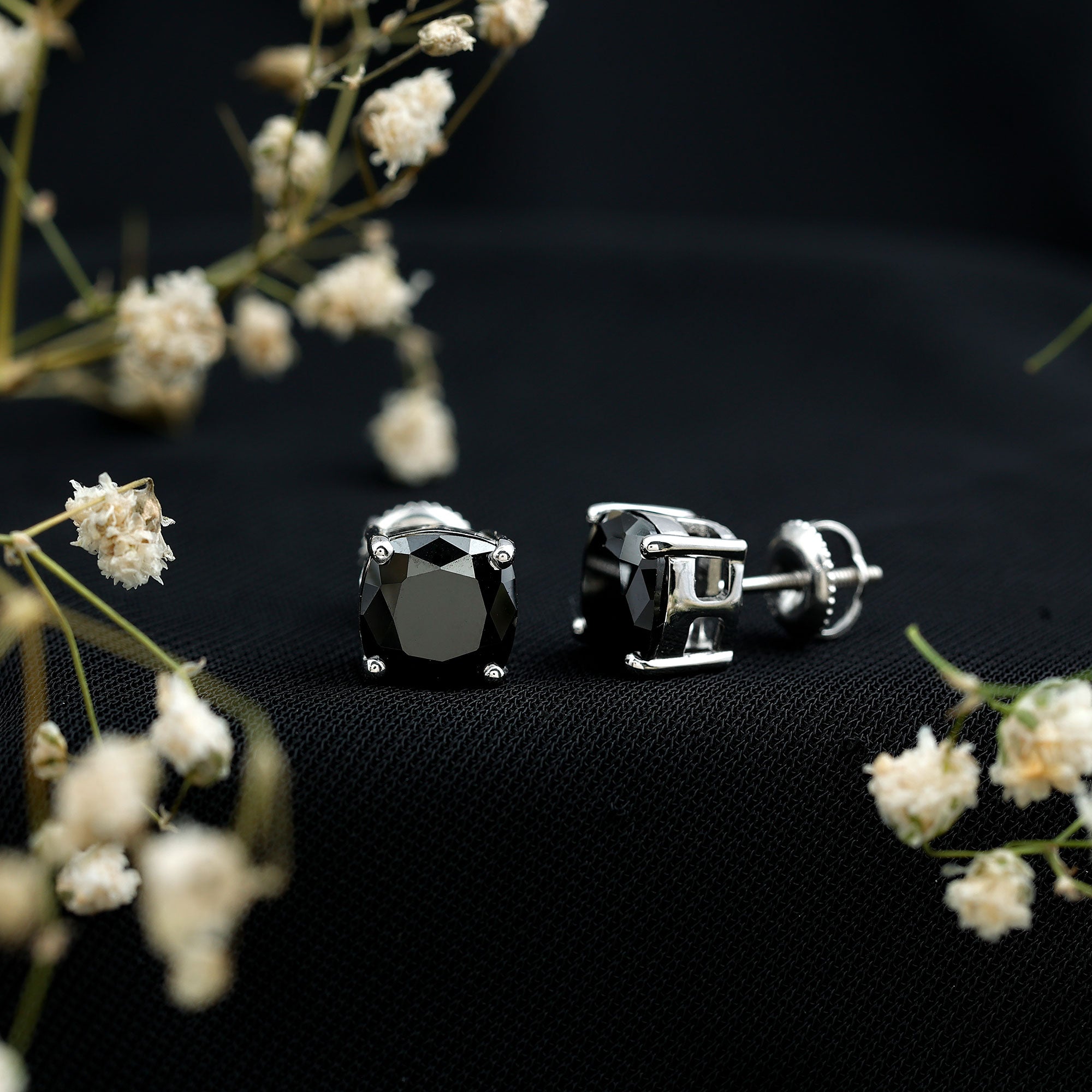 4 Carat Cushion Cut Black Spinel Solitaire Stud Earrings AAA - Rosec Jewels