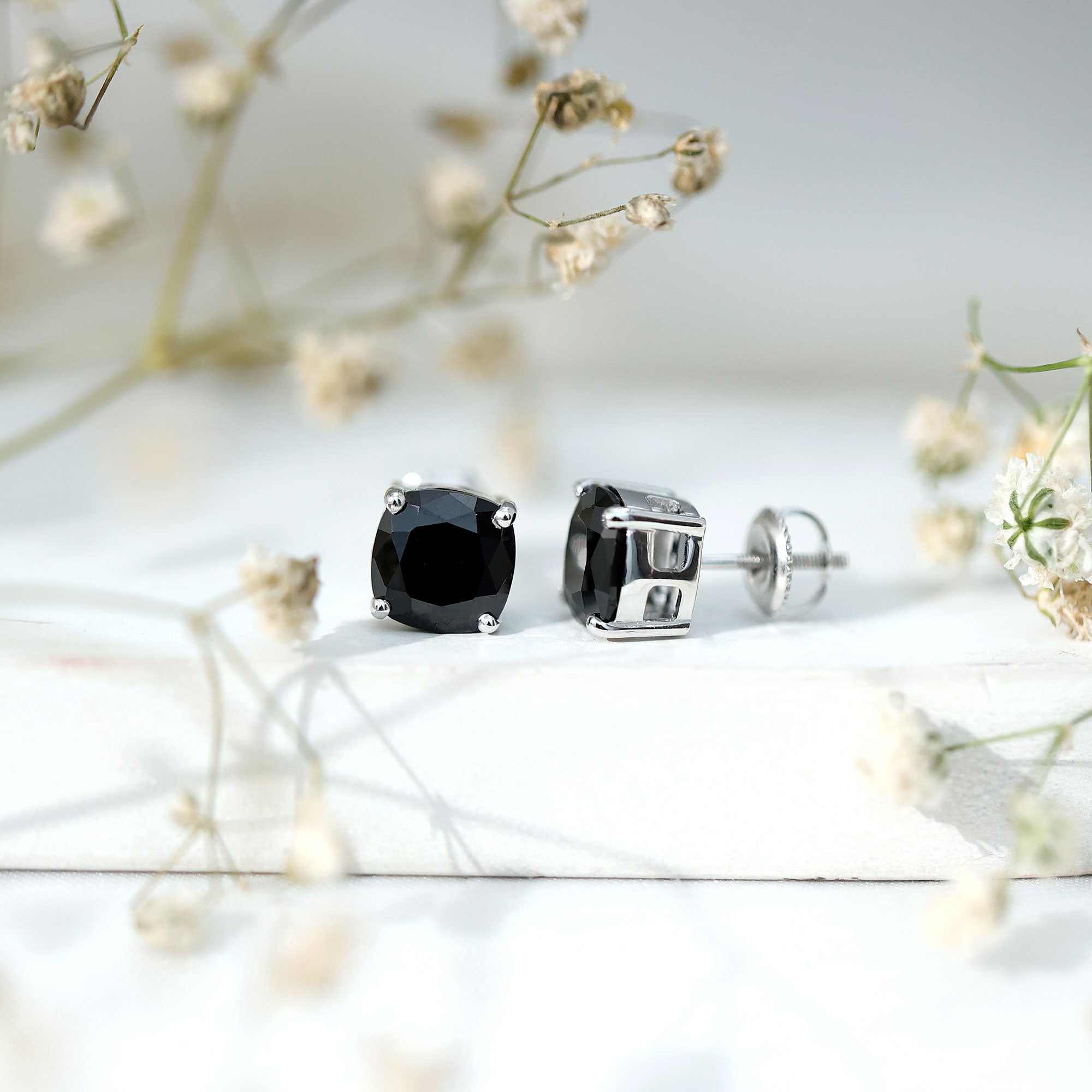 4 Carat Cushion Cut Black Spinel Solitaire Stud Earrings AAA - Rosec Jewels