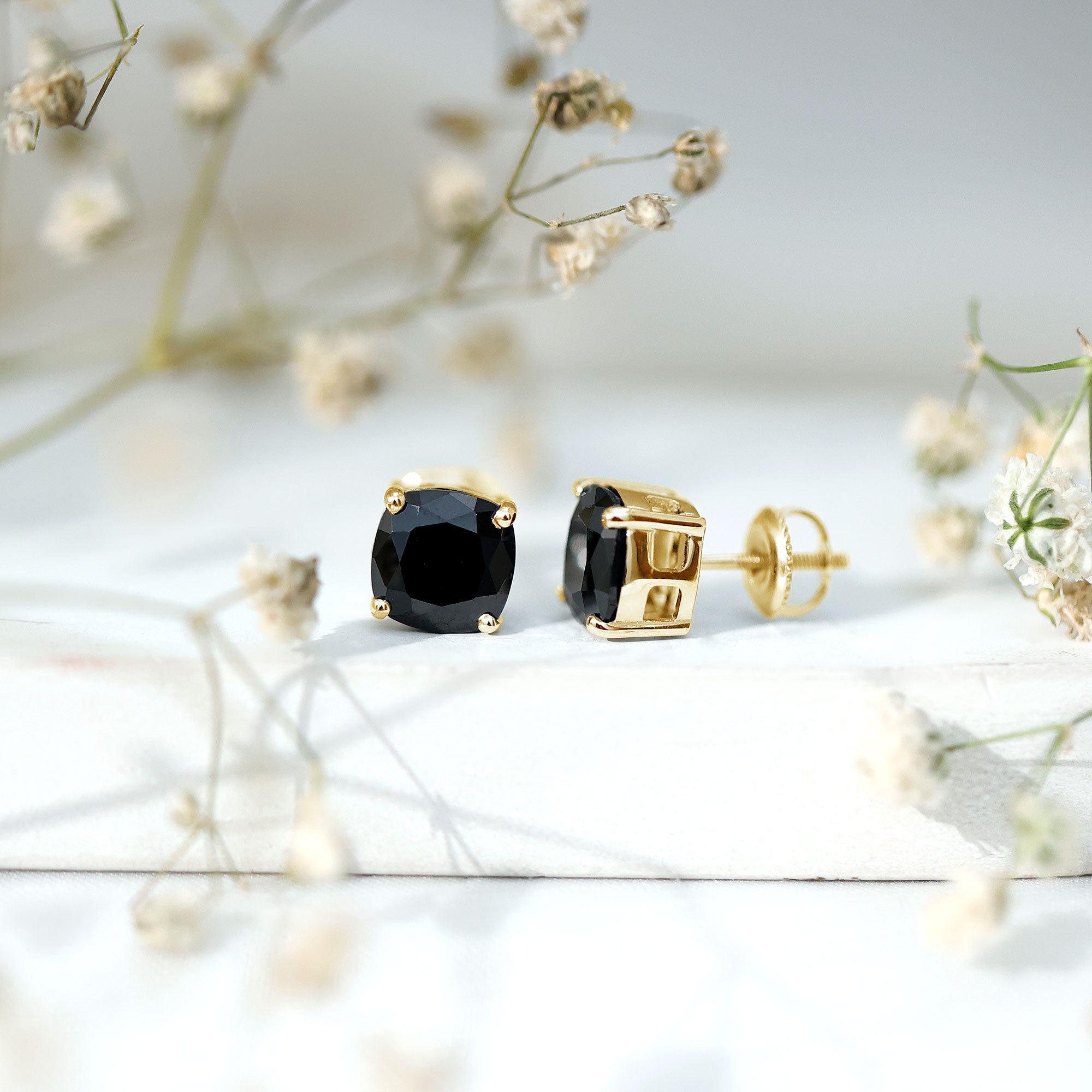 4 Carat Cushion Cut Black Spinel Solitaire Stud Earrings AAA - Rosec Jewels