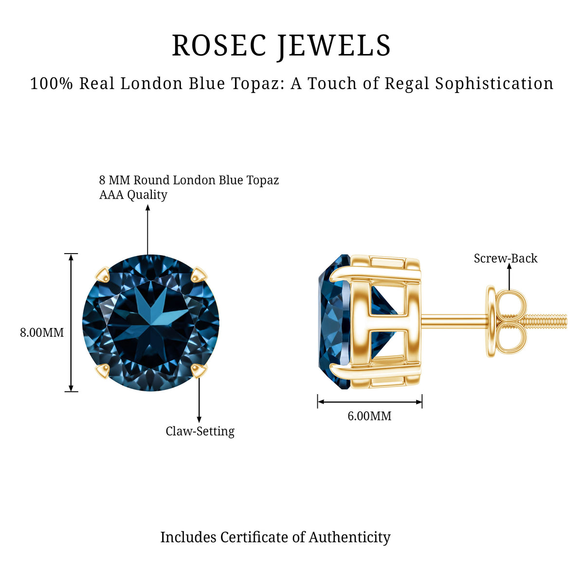 Solitaire 4 Carat London Blue Topaz Stud Earrings with Screw Backs AAA - Rosec Jewels