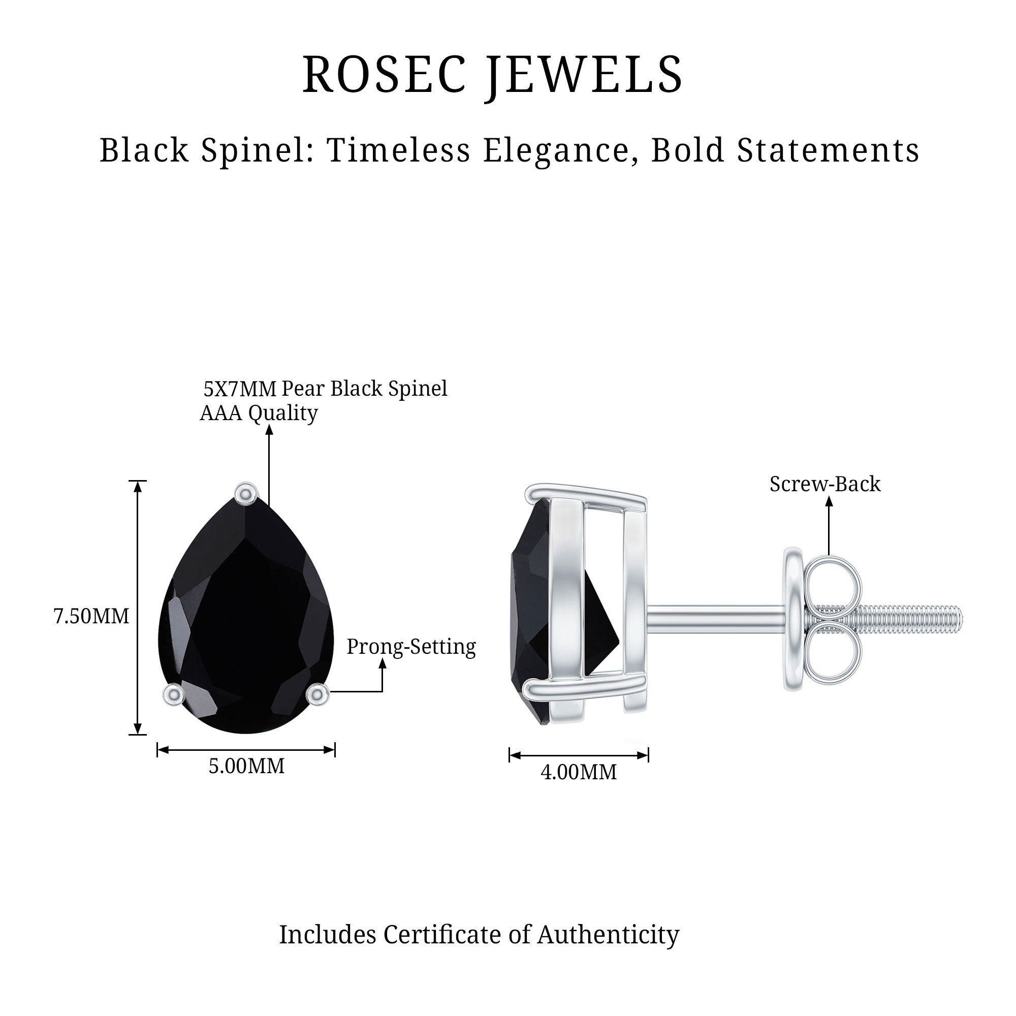 Certified Real Pear Shaped Black Spinel Earrings with Screw Back AAA - Rosec Jewels