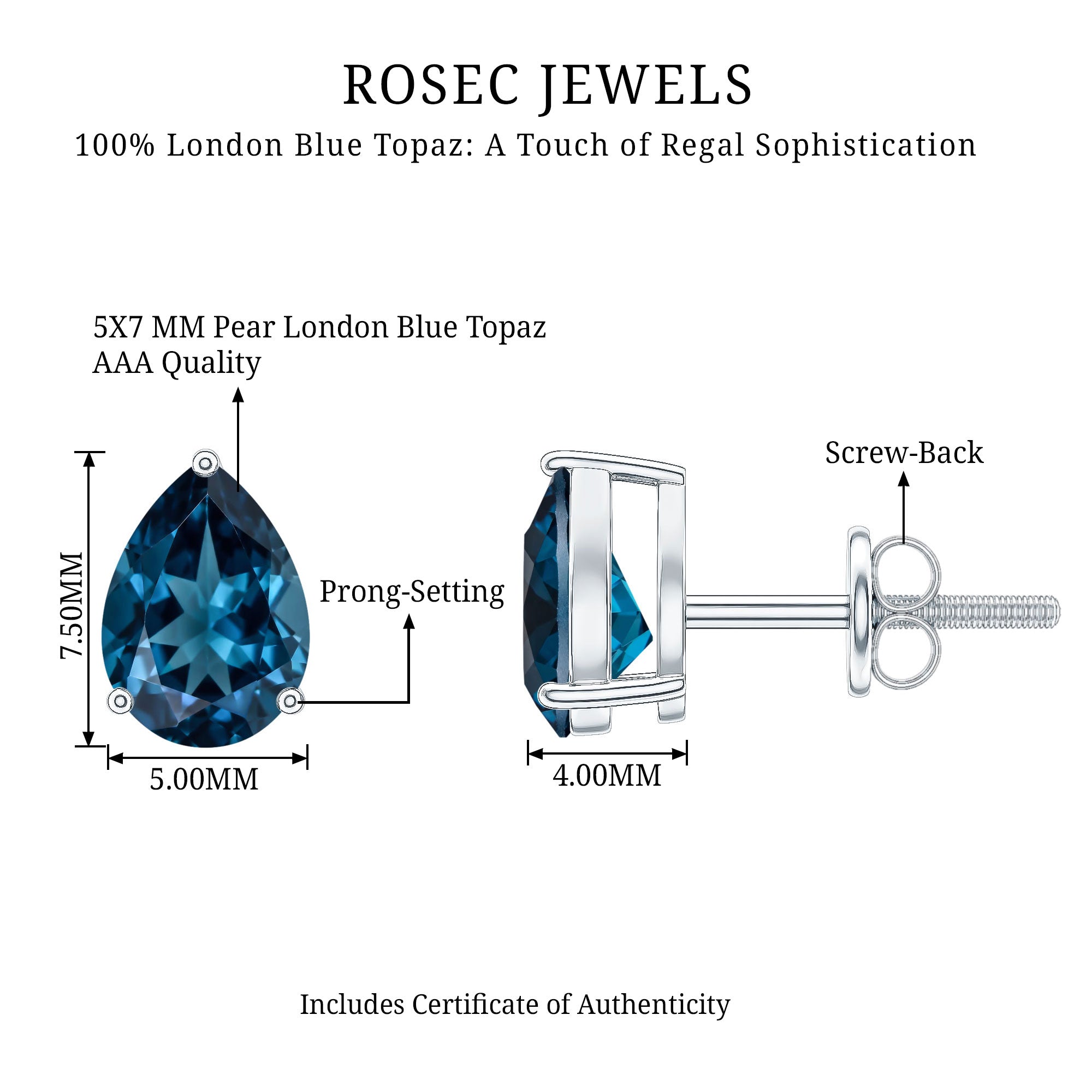 1.5 Carat Pear Shape London Blue Topaz Teardrop Stud Earrings AAA - Rosec Jewels