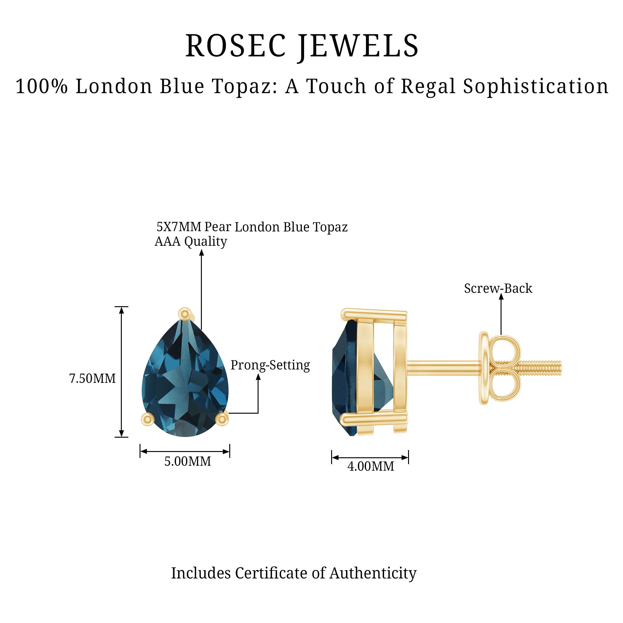 1.5 Carat Pear Shape London Blue Topaz Teardrop Stud Earrings AAA - Rosec Jewels