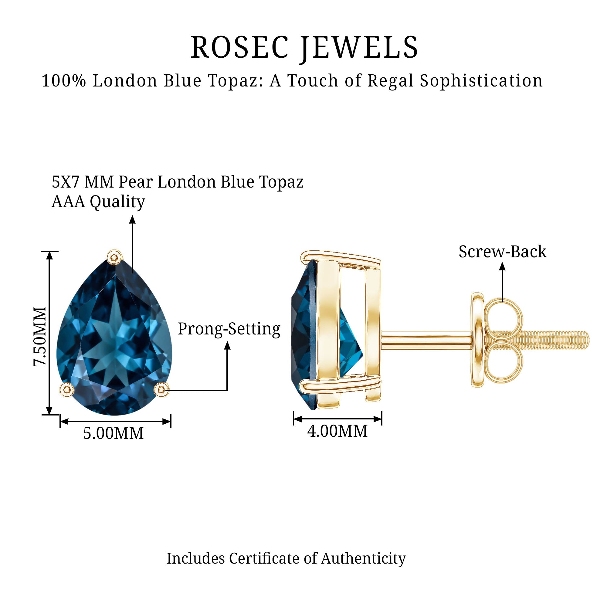 1.5 Carat Pear Shape London Blue Topaz Teardrop Stud Earrings AAA - Rosec Jewels