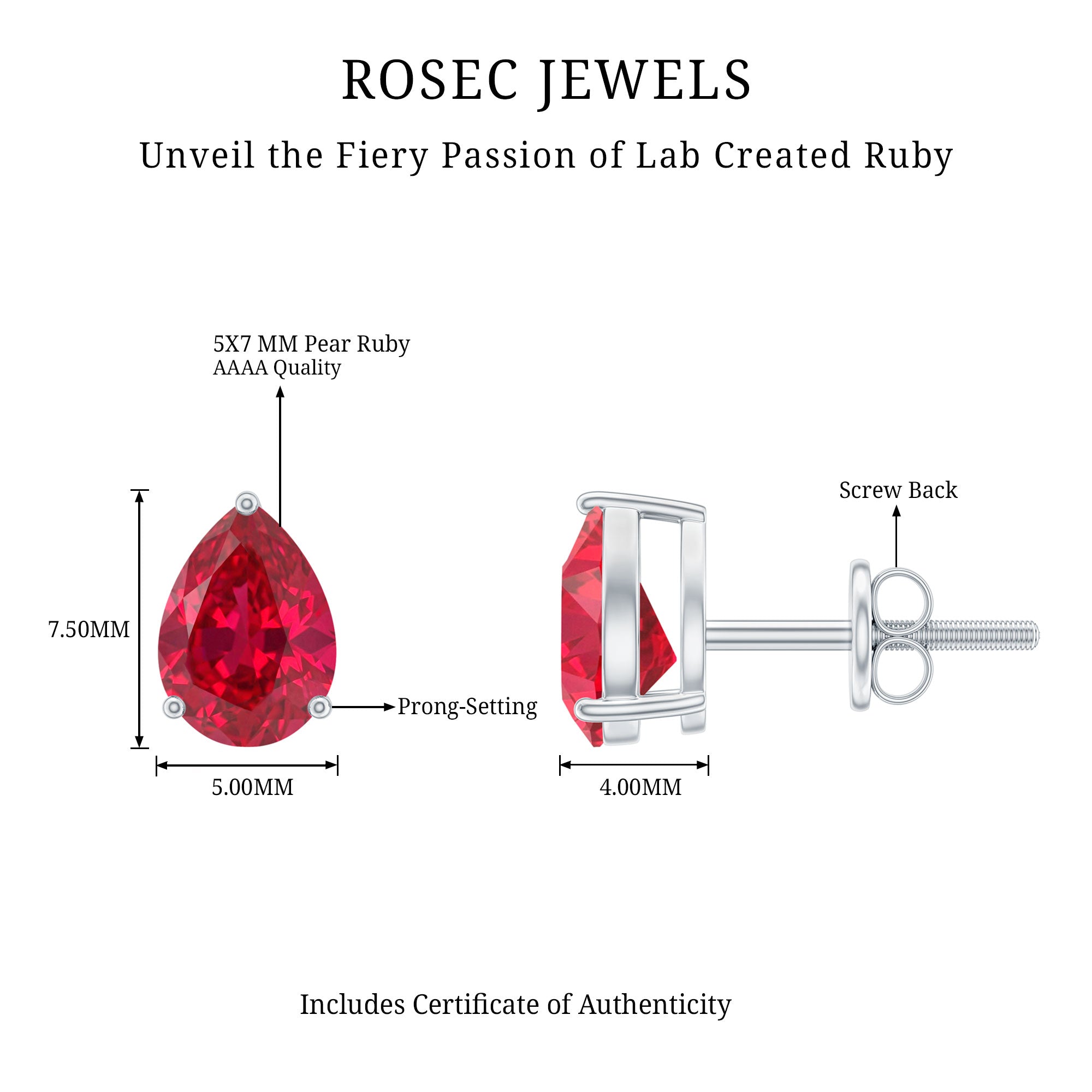 Solitaire 1.5 Carat Pear Shaped Lab Created Ruby Stud Earrings AAAA - Rosec Jewels
