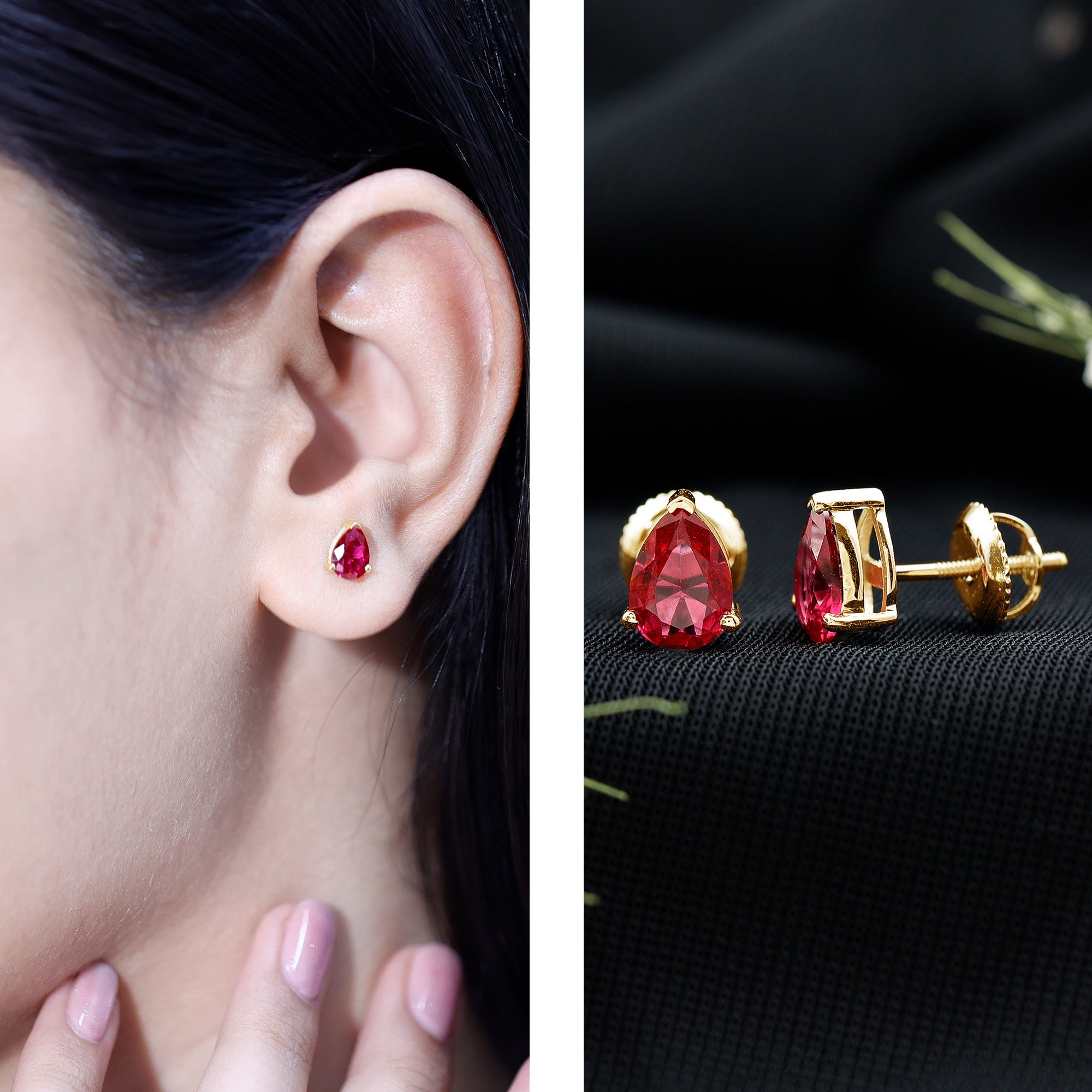 Solitaire 1.5 Carat Pear Shaped Lab Created Ruby Stud Earrings AAAA - Rosec Jewels