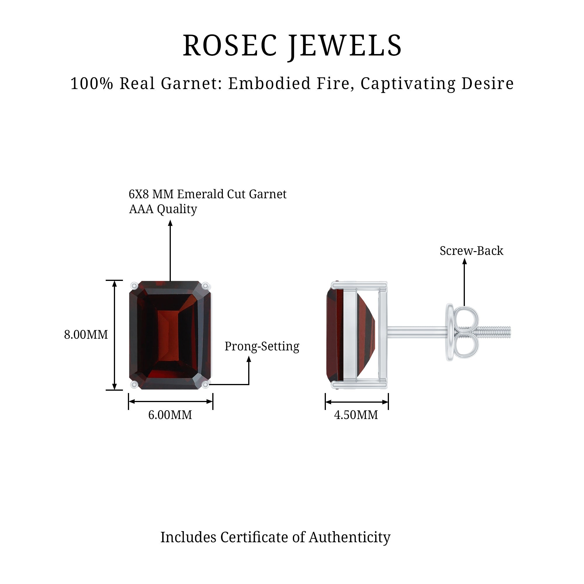 Real 4.32 Carat Emerald Cut Garnet Stud Earrings with Screw on Backs AAA - Rosec Jewels