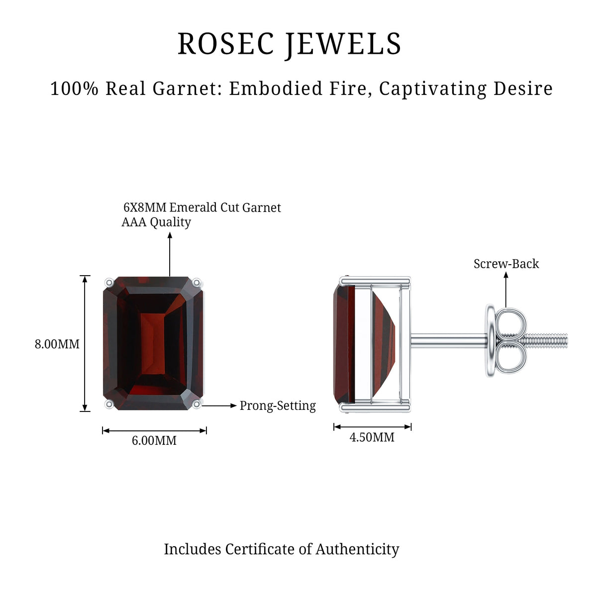 Real 4.32 Carat Emerald Cut Garnet Stud Earrings with Screw on Backs AAA - Rosec Jewels