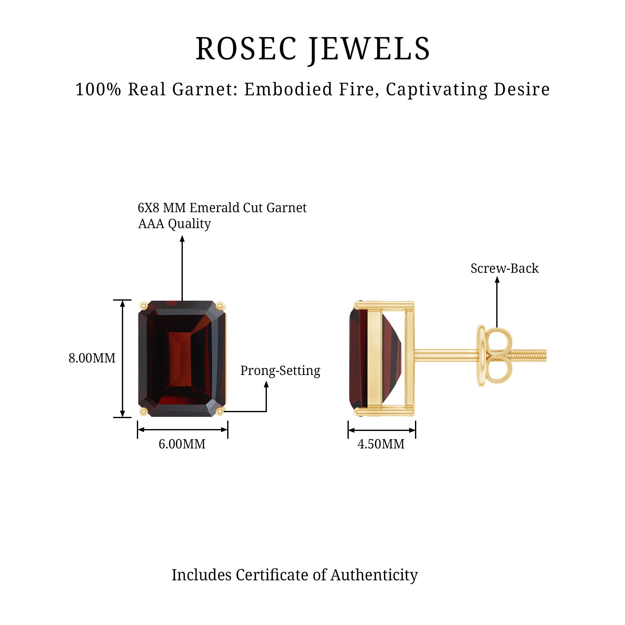 Real 4.32 Carat Emerald Cut Garnet Stud Earrings with Screw on Backs AAA - Rosec Jewels