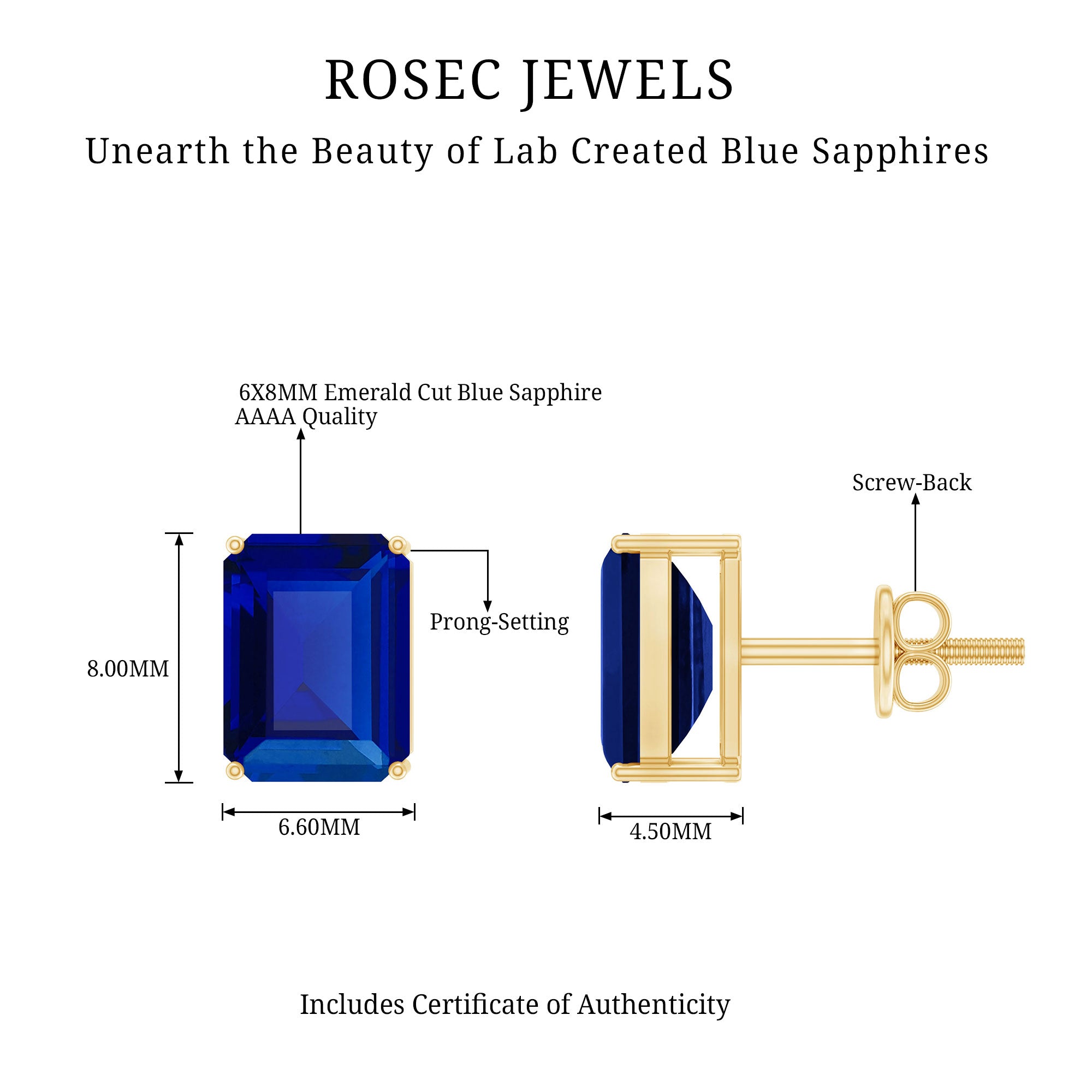 3.5 CT Emerald Cut Lab Created Blue Sapphire Big Stud Earrings AAAA - Rosec Jewels