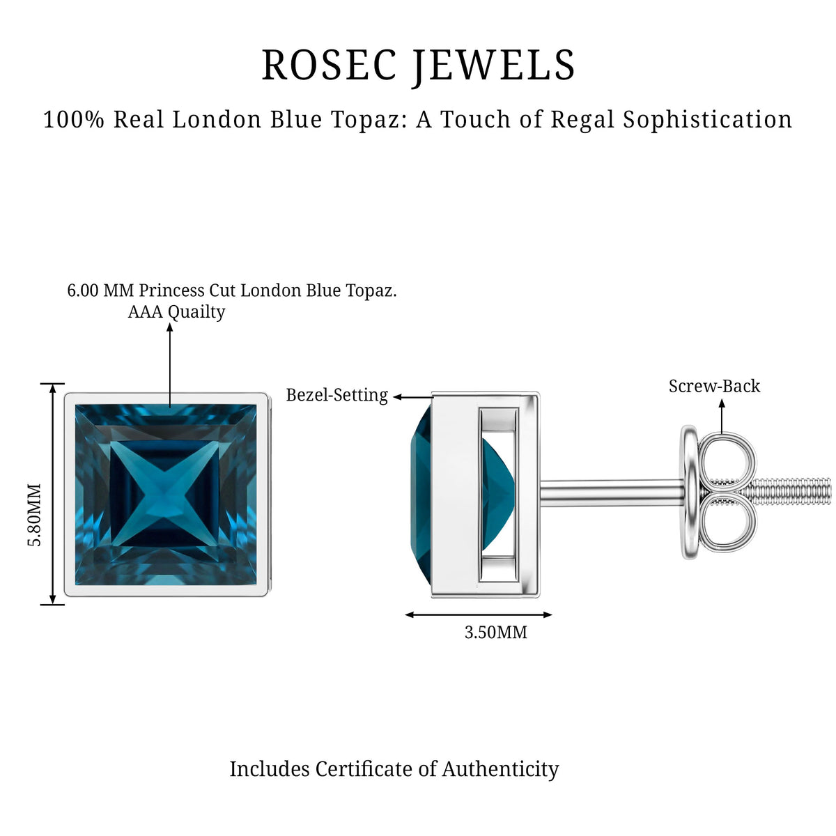 2 CT Princess Cut London Blue Topaz Solitaire Stud Earrings AAA - Rosec Jewels