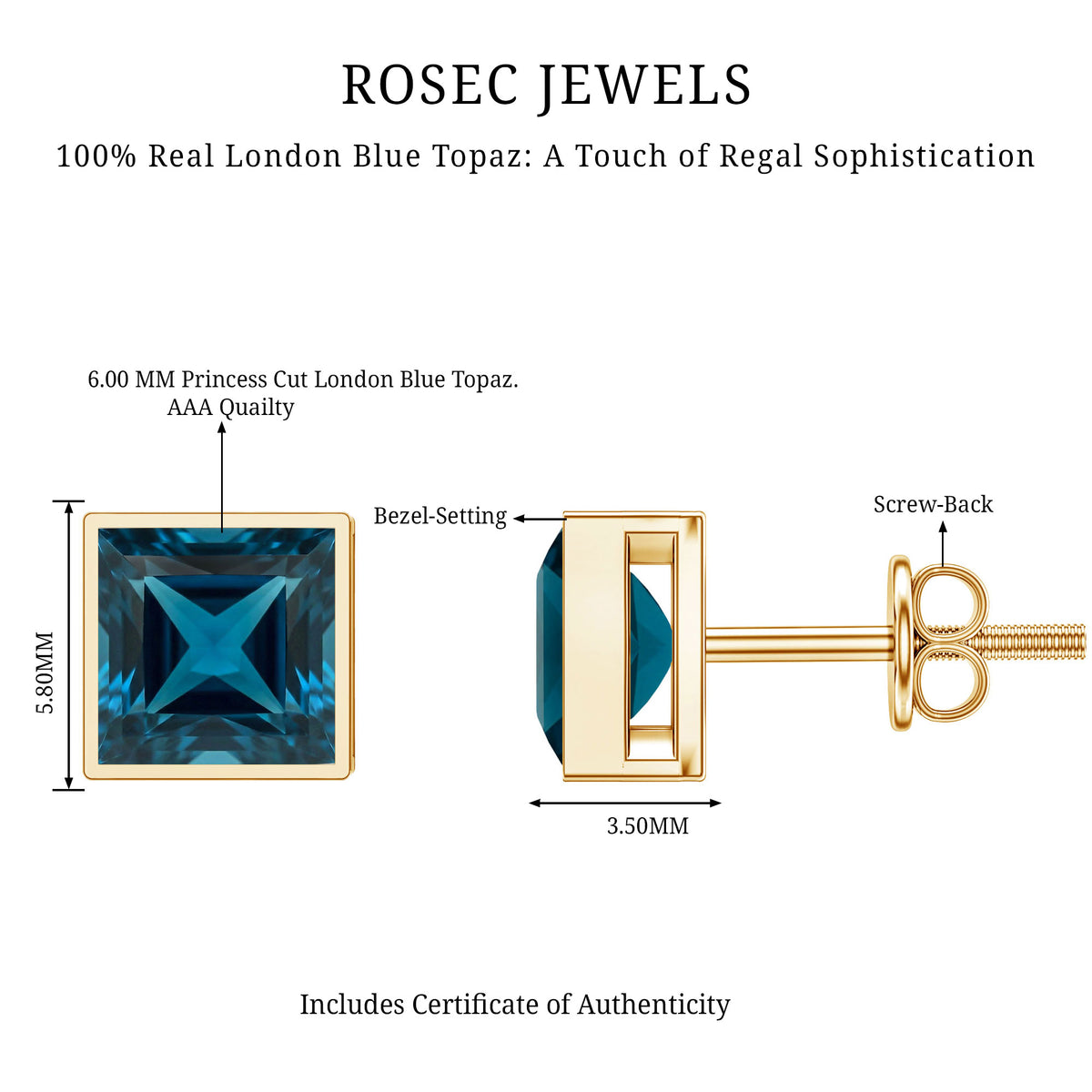 2 CT Princess Cut London Blue Topaz Solitaire Stud Earrings AAA - Rosec Jewels
