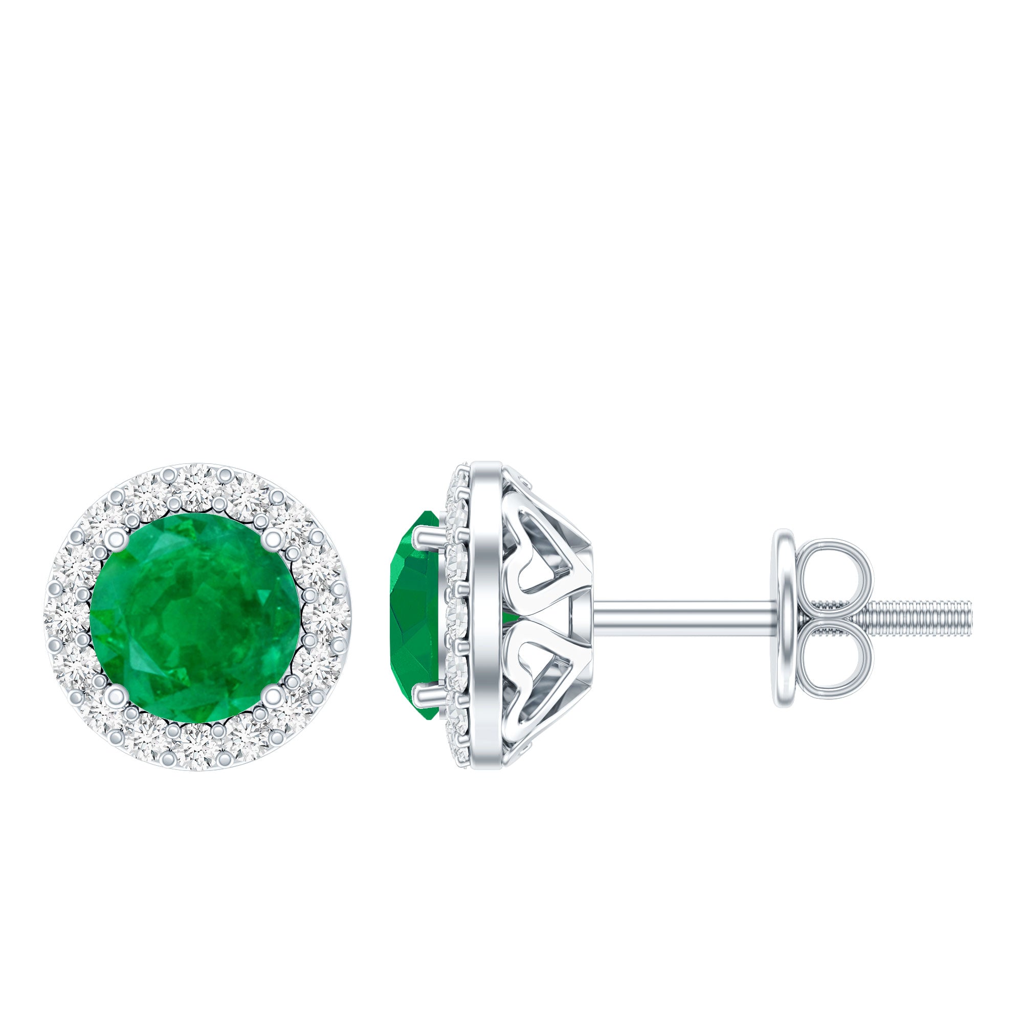 Halo Stud Earrings with Emerald and Diamond AAA - Rosec Jewels