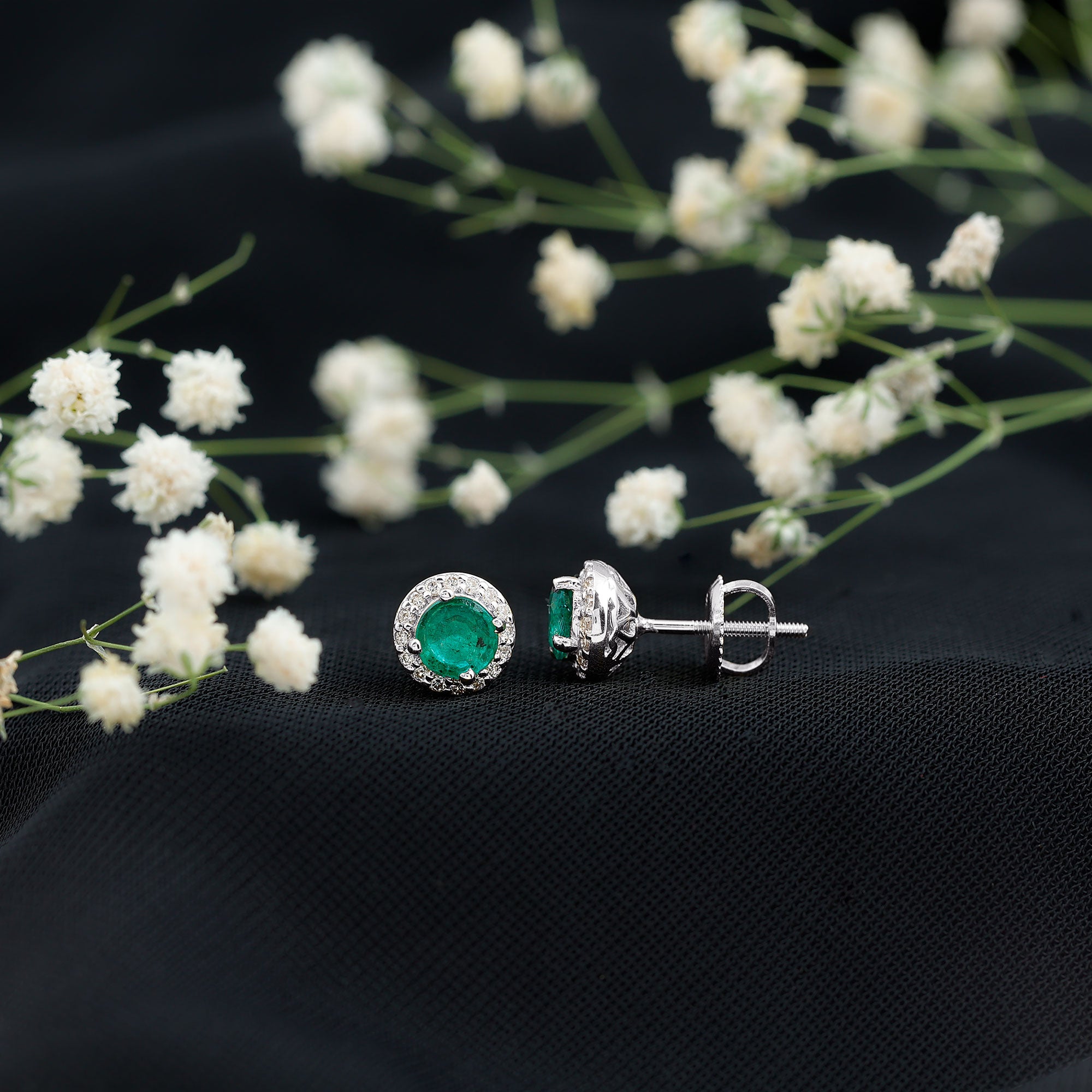 Halo Stud Earrings with Emerald and Diamond AAA - Rosec Jewels