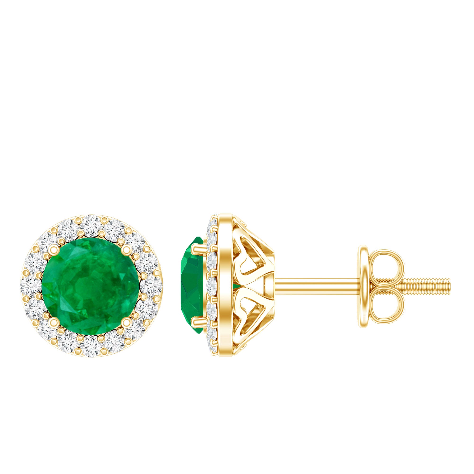 Halo Stud Earrings with Emerald and Diamond AAA - Rosec Jewels