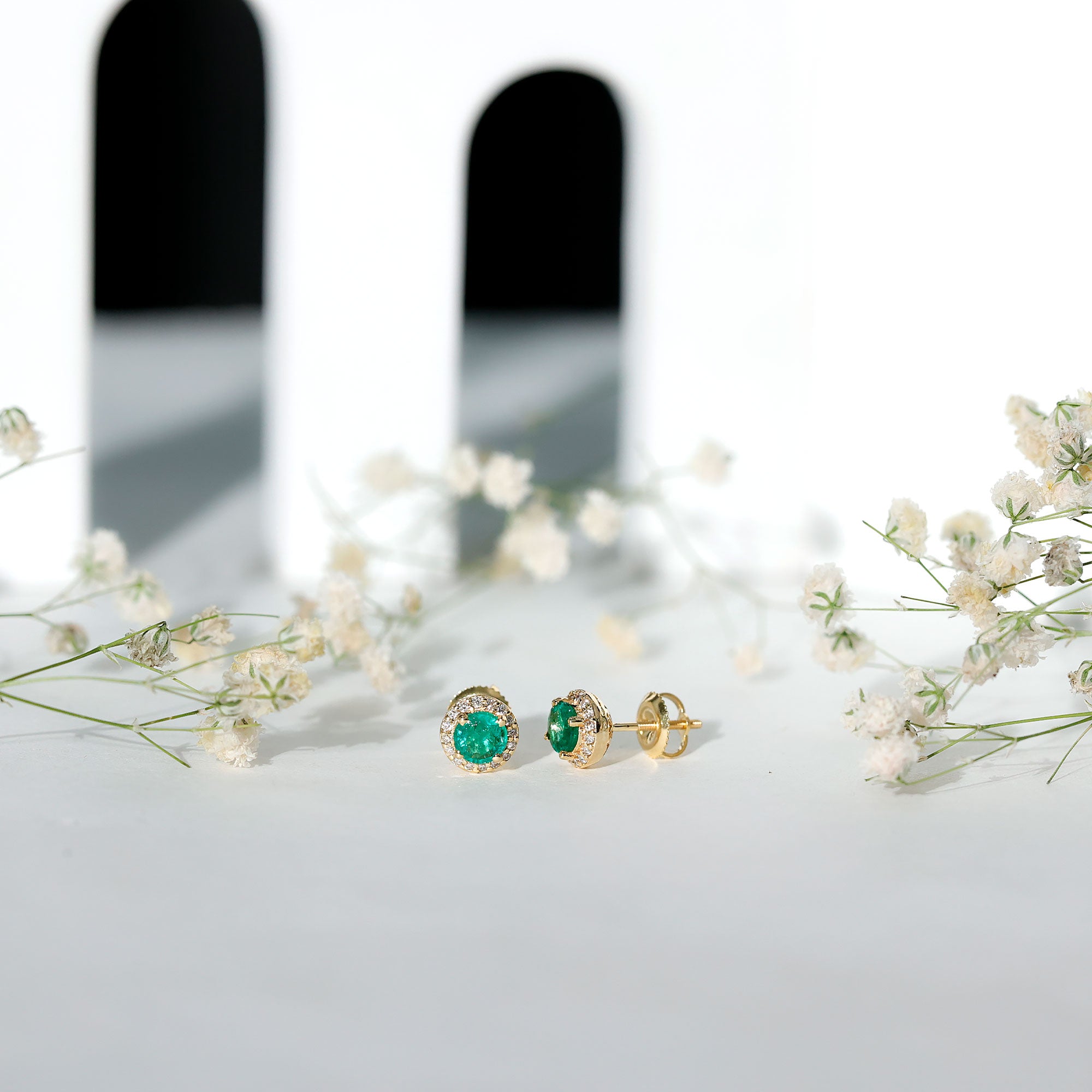 Halo Stud Earrings with Emerald and Diamond AAA - Rosec Jewels