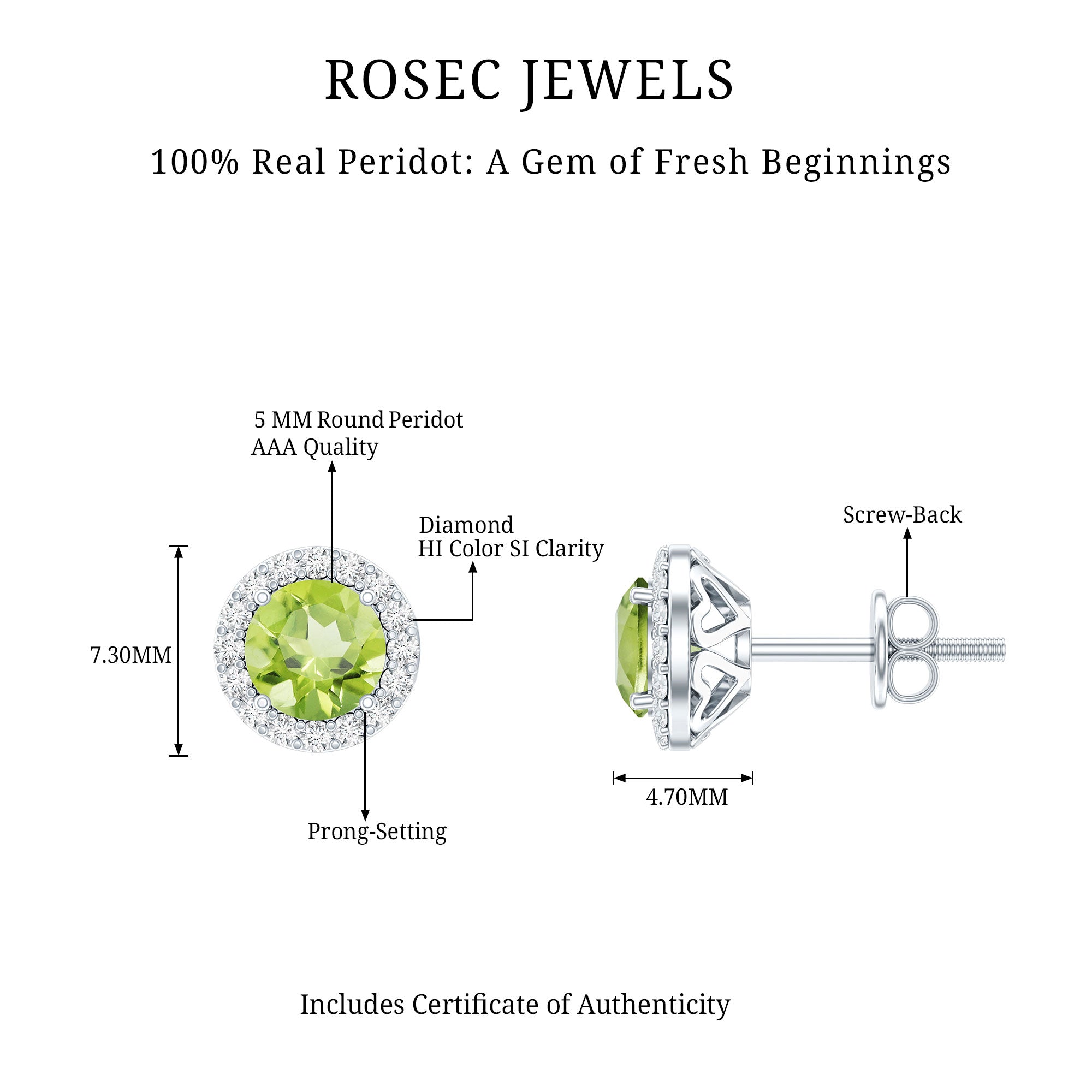 Classic Peridot and Diamond Stud Earrings For Women AAA - Rosec Jewels