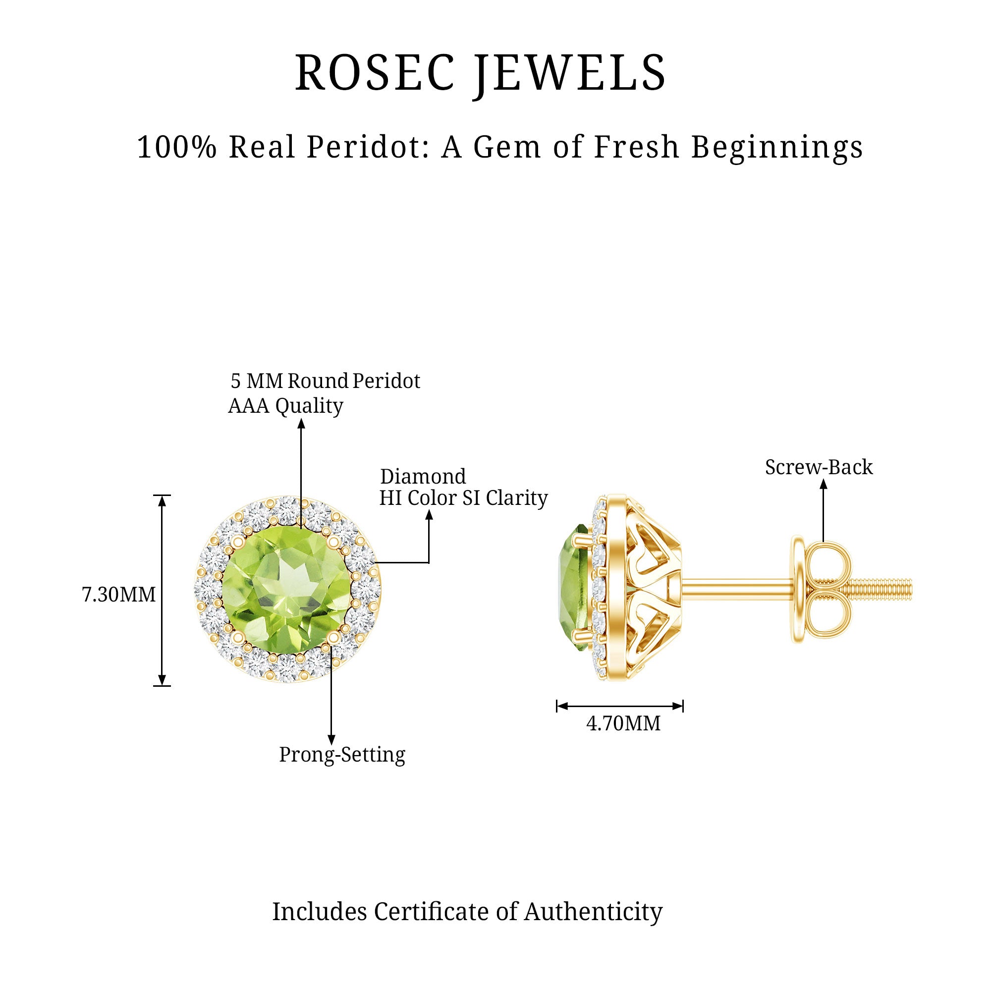 Classic Peridot and Diamond Stud Earrings For Women AAA - Rosec Jewels
